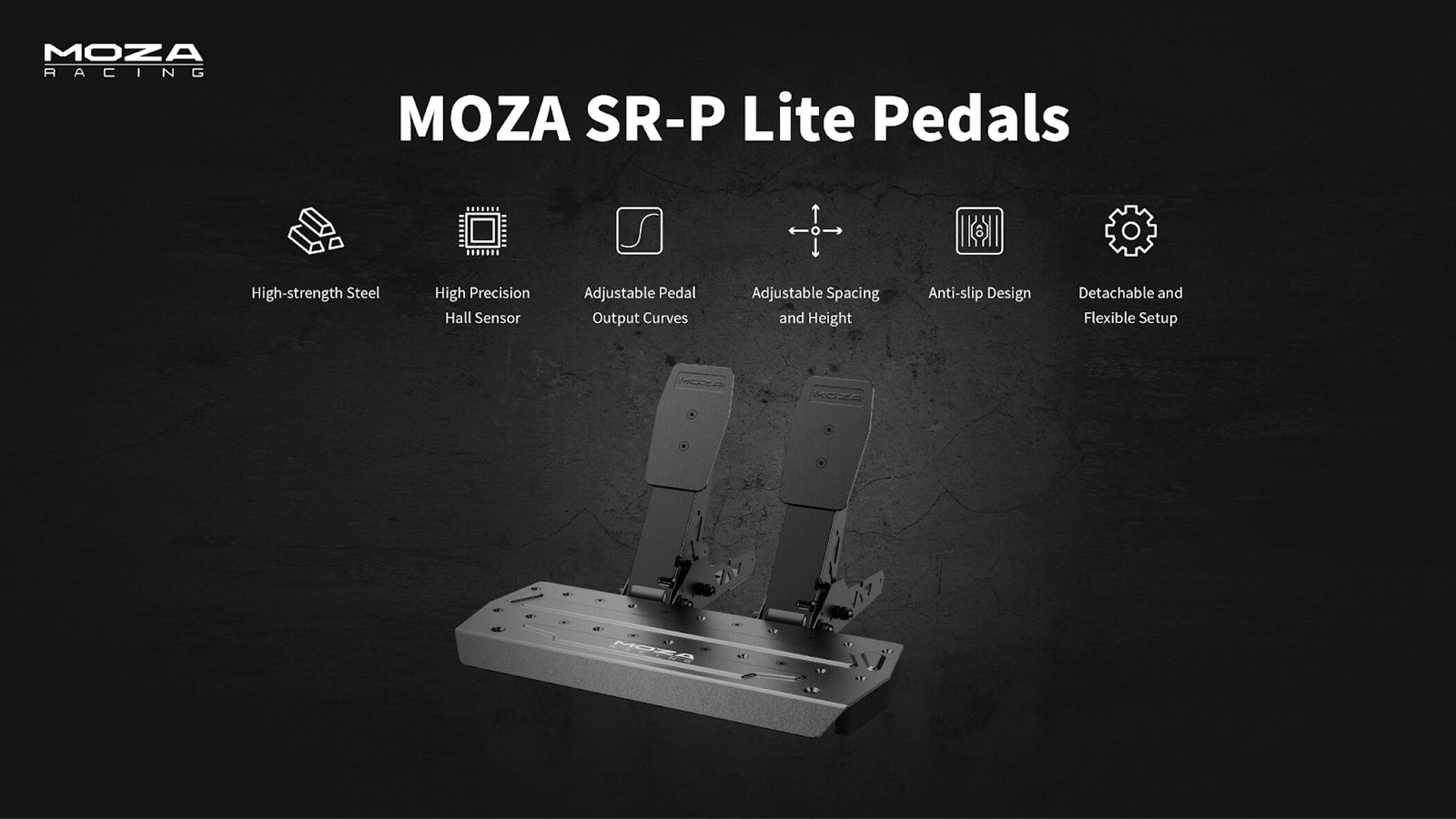 Mozza Racing Mozza SR-P Lite Pedals are designed with high-strength steel and feature a high-precision hall sensor. The pedals also have adjustable pedal output curves, adjustable spacing and height, and an anti-slip design. Additionally, they are detachable and flexible, allowing for a customizable setup.