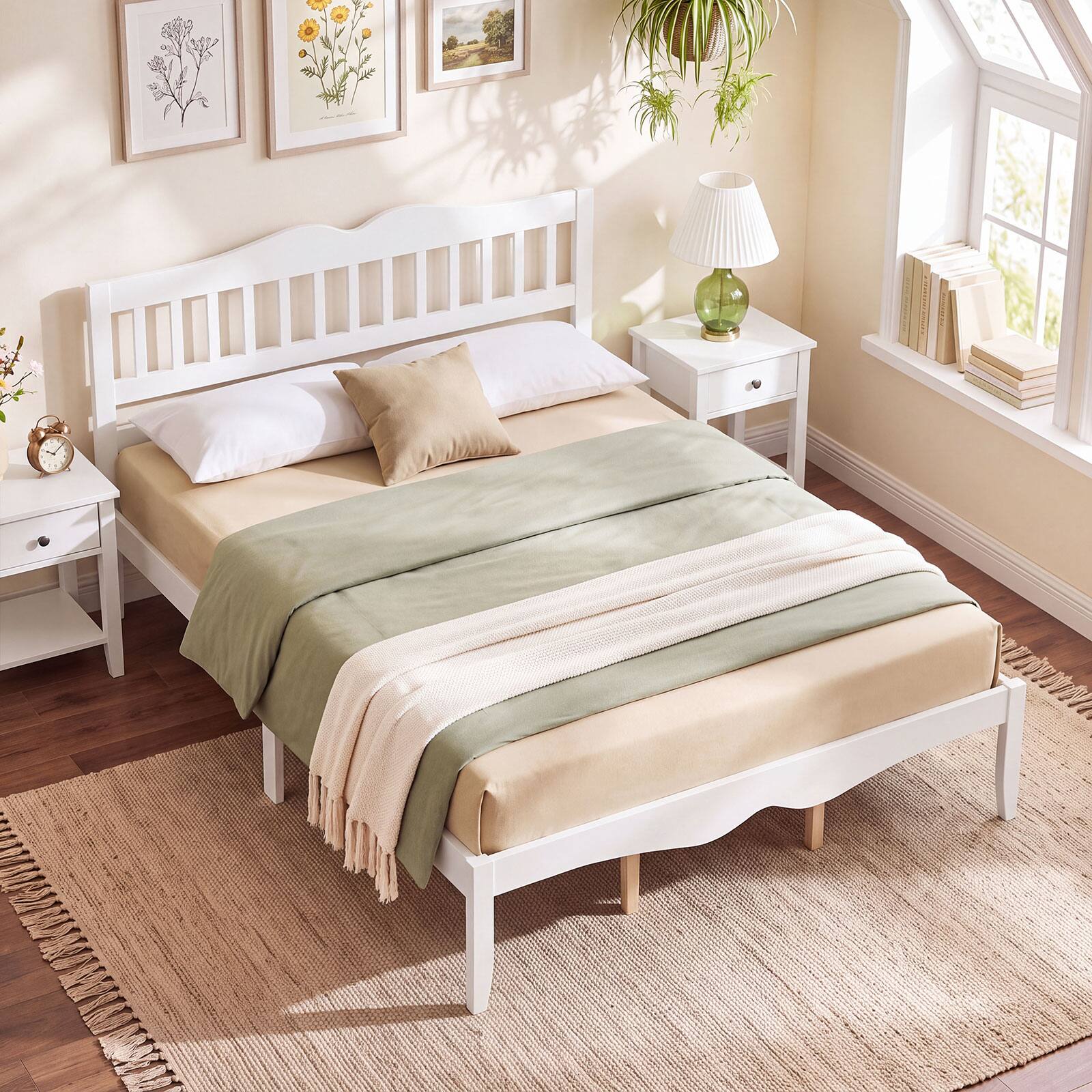 Alt View 5. Costway - Costway Queen Size Platform Bed with Headboard, Solid Wood Frame, Sturdy Wood Slat Support - White.