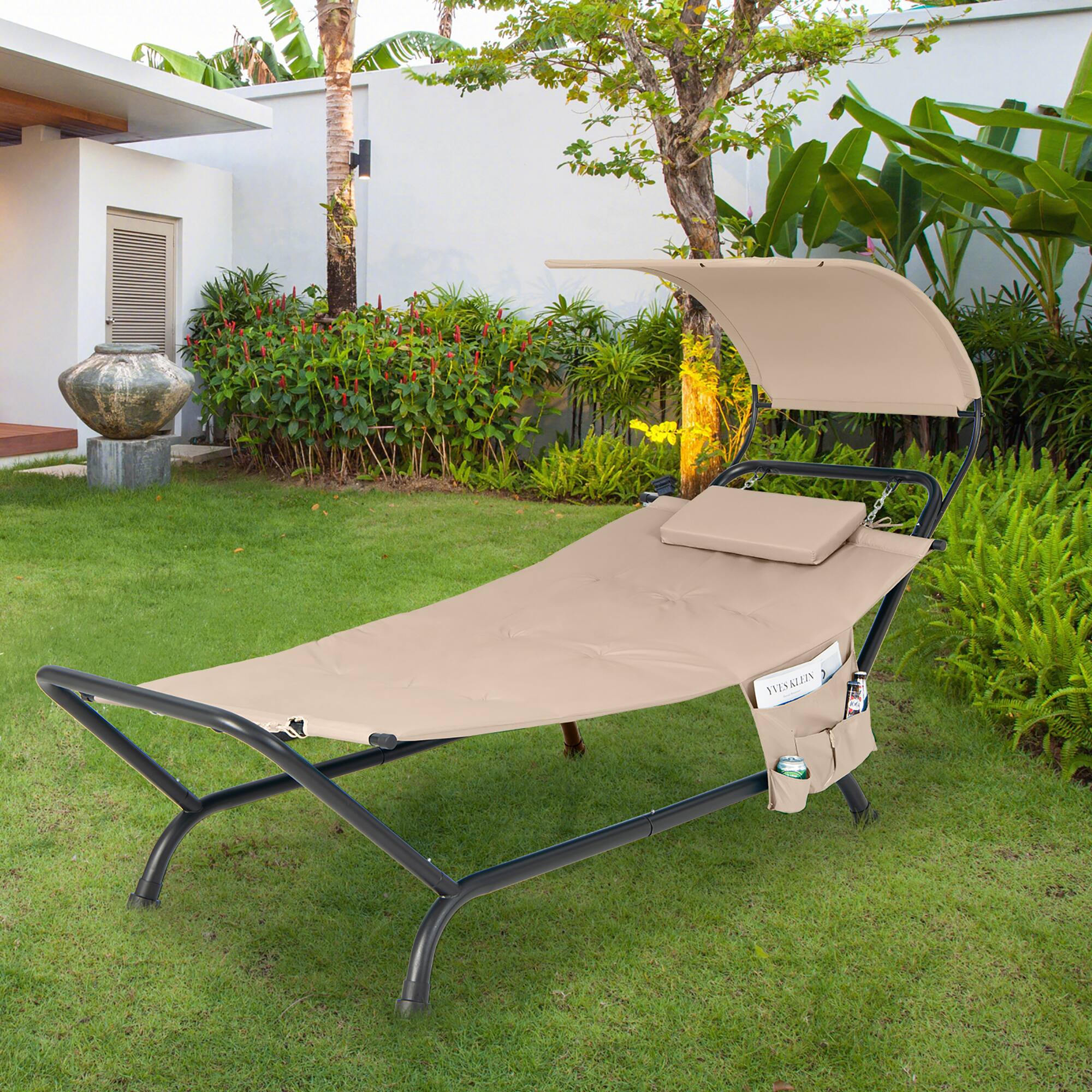 Alt View 1. Costway - Costway Patio Hanging Chaise Lounge Chair with Canopy, Cushion, Pillow & Storage Bag - Beige.