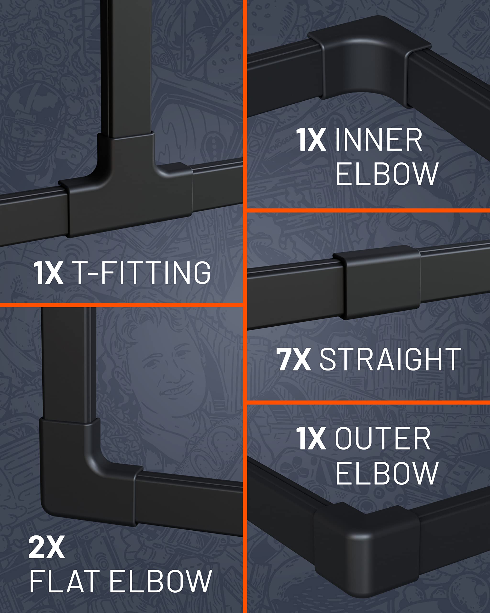 1X INNER ELBOW  
1X T-FITTING  
7X STRAIGHT  
1X OUTER ELBOW  
2X FLAT ELBOW