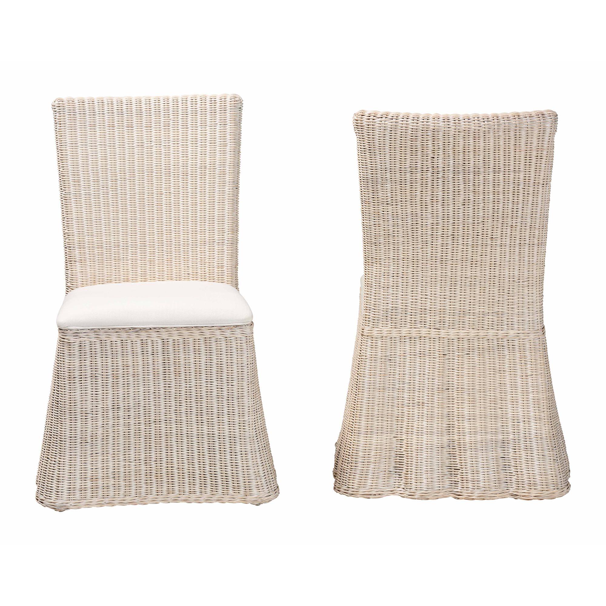 Angle. bali & pari - Sara Natural Rattan 2-Piece Dining Chair Set - Handwoven Wicker Accent Chair with Scalloped Skirt Base and Tall Backrest - White Wash.