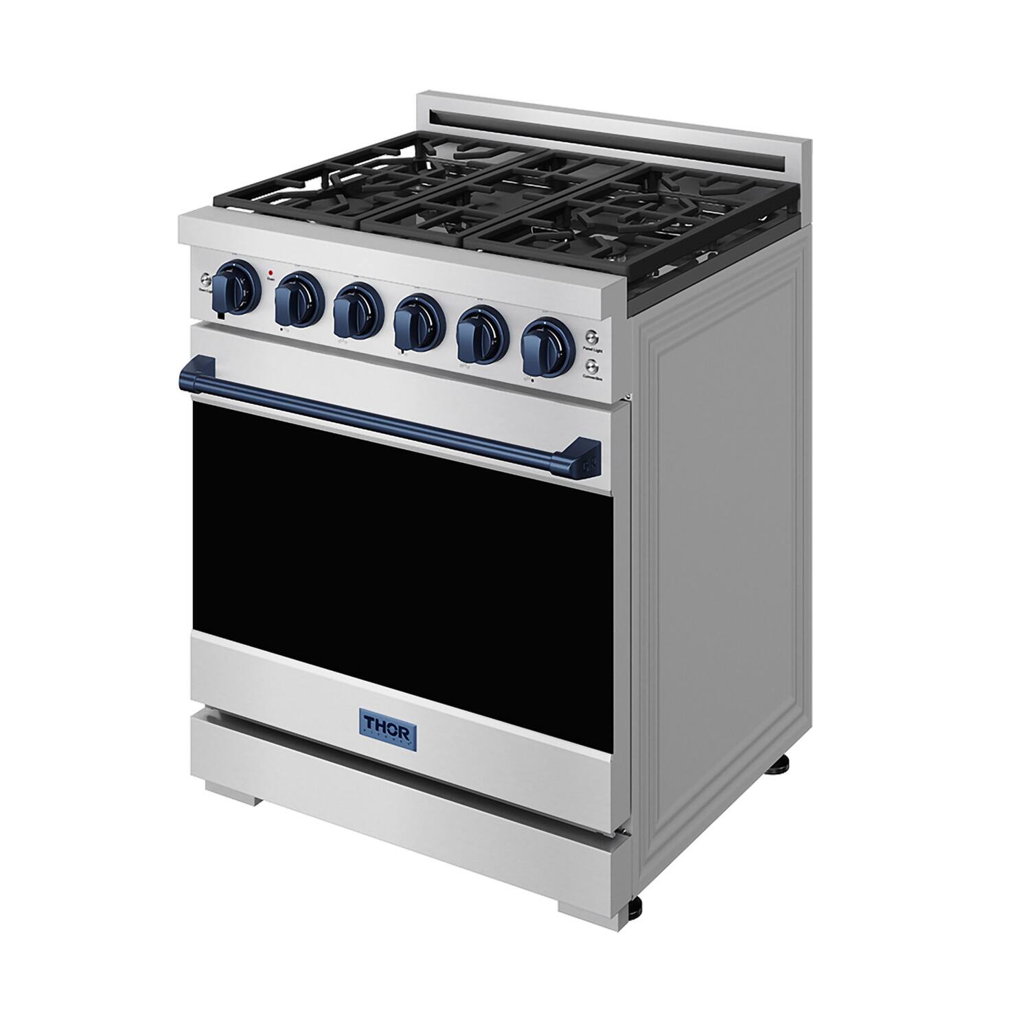 Back. Thor Kitchen - Gordon Ramsay Series by Thor Kitchen 4.55 Cu. Ft Freestanding Liquid Propane Gas Range with Navy Blue Hardware - Stainless Steel.