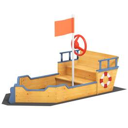 Outsunny - Kids Wooden Sandbox Pirate Ship Sandboat w/ Bench Seat Storage Space Ceder Wood
