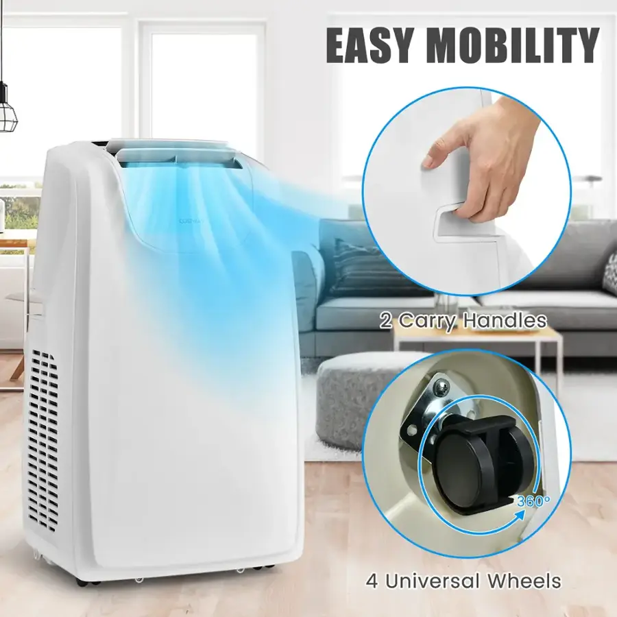 The text on the image reads "Easy Mobility 2 Carry Handles 360 I 4 Universal Wheels."