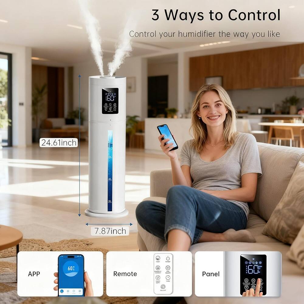 3 Ways to Control  
Control your humidifier the way you like  

1. APP  
2. Remote  
3. Panel  

24.61inch  
7.87inch