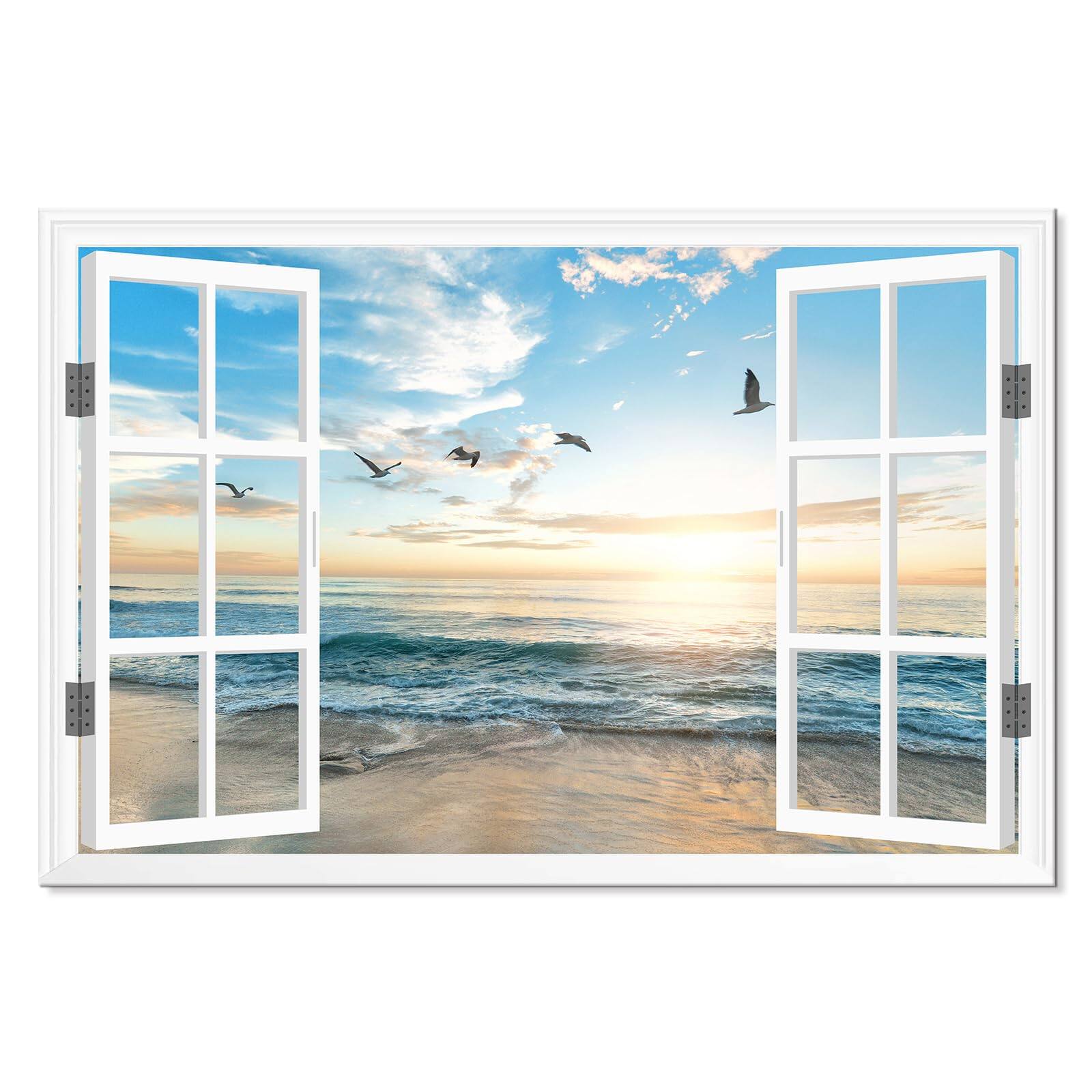 Front. Hirose Alice - Goldfoilart Ocean Beach Sunset Canvas Wall Art for Bedroom Seascape Paintings Coastal Picture Framed Artwork - Window Seagull 36"L x 24"W.