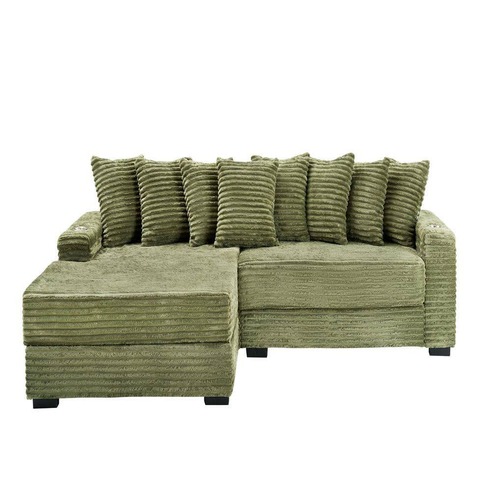 Alt View 6. Kadyn - 111.4" Reversible Chaise Sectional, Corduroy Fabric with Armrest Storage and Cup Holders, Green - Green.