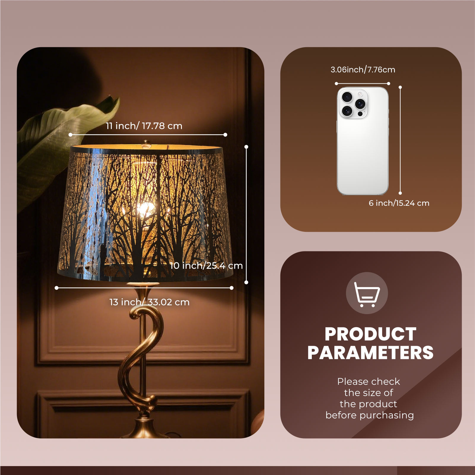 3.06 inch/7.76 cm  
11 inch/17.78 cm  
6 inch/15.24 cm  
10 inch/25.4 cm  
13 inch/33.02 cm  

PRODUCT PARAMETERS  
Please check the size of the product before purchasing