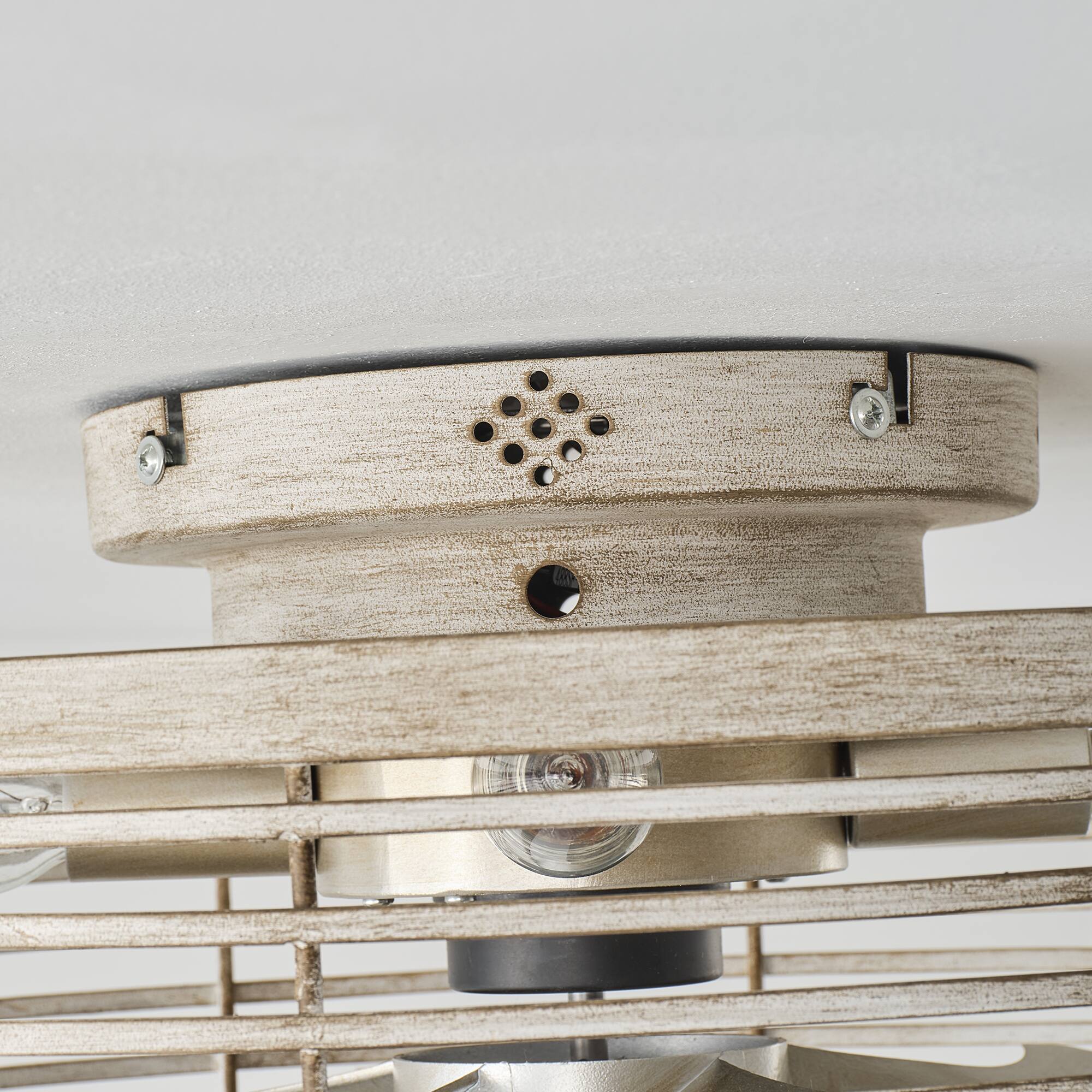 Alt View 5. Vaczon - 18" Industrial Caged Ceiling Fan with Light and Remote, 6-Speed Reversible DC Motor, Flush Mount Ceiling Fan - Distressed silver.