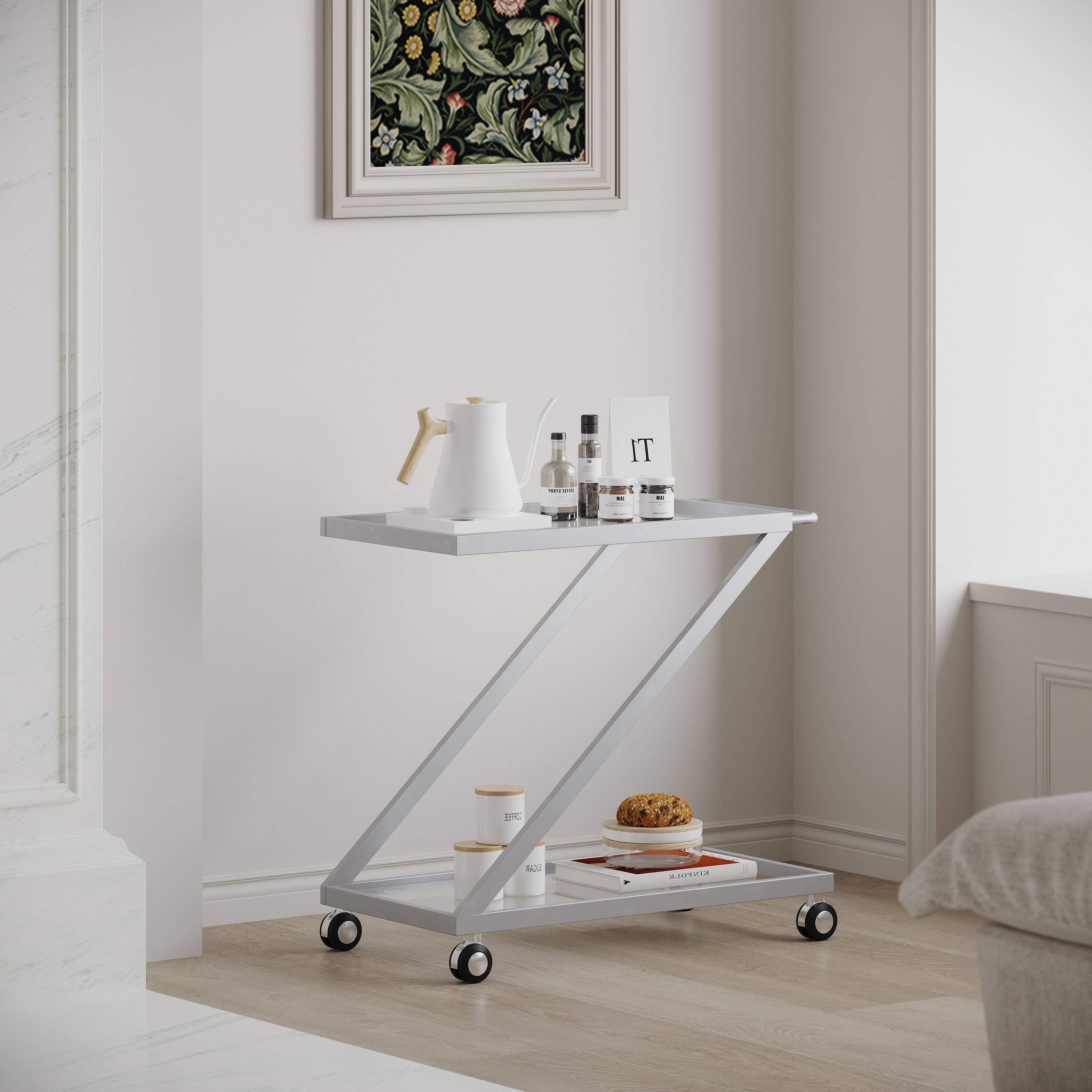 Alt View 5. Spaco - Spaco Modern Bar Cart, Z-Shape Frame, Tempered Glass Shelves, Locking Casters, Iron Base, Mobile Serving Cart, for Home - Silver.