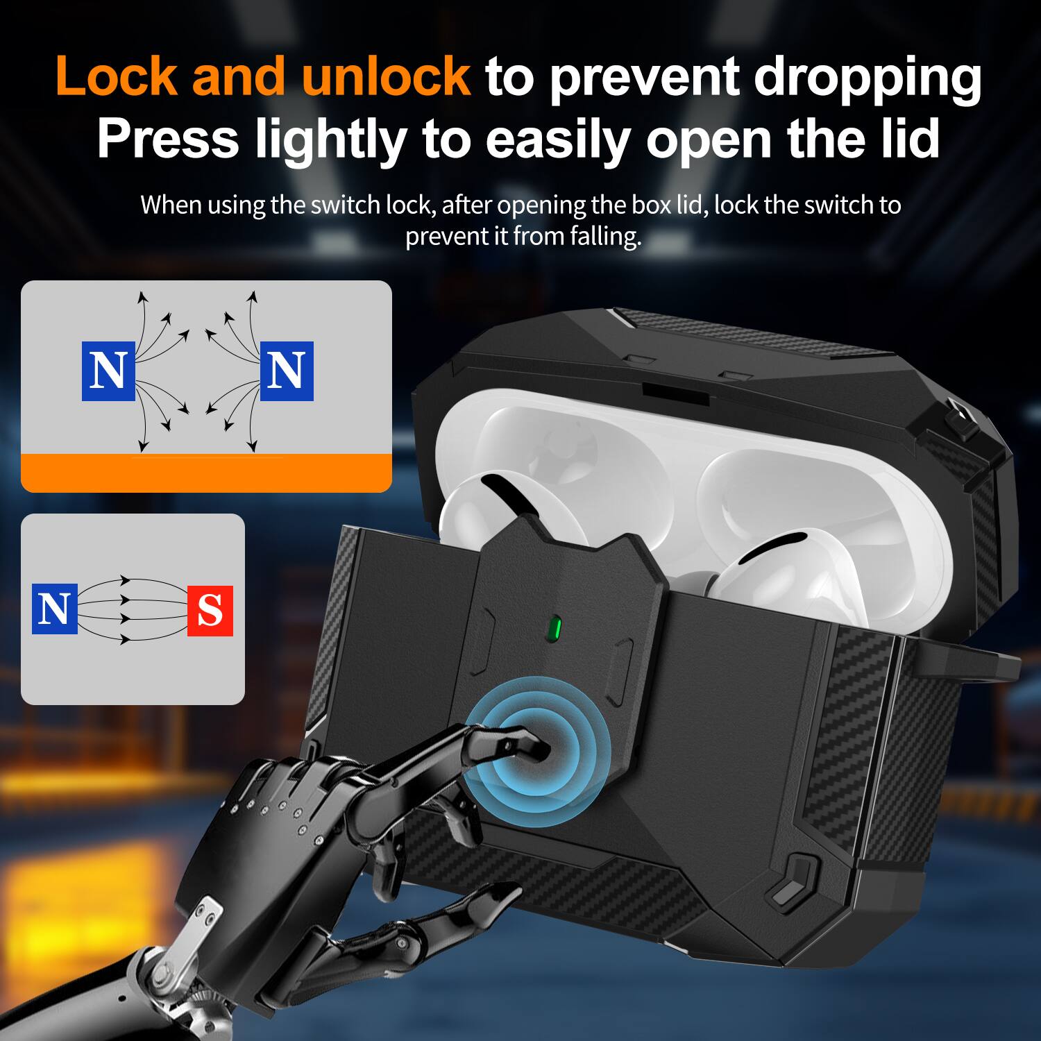 Lock and unlock to prevent dropping  
Press lightly to easily open the lid  
When using the switch lock, after opening the box lid, lock the switch to prevent it from falling.