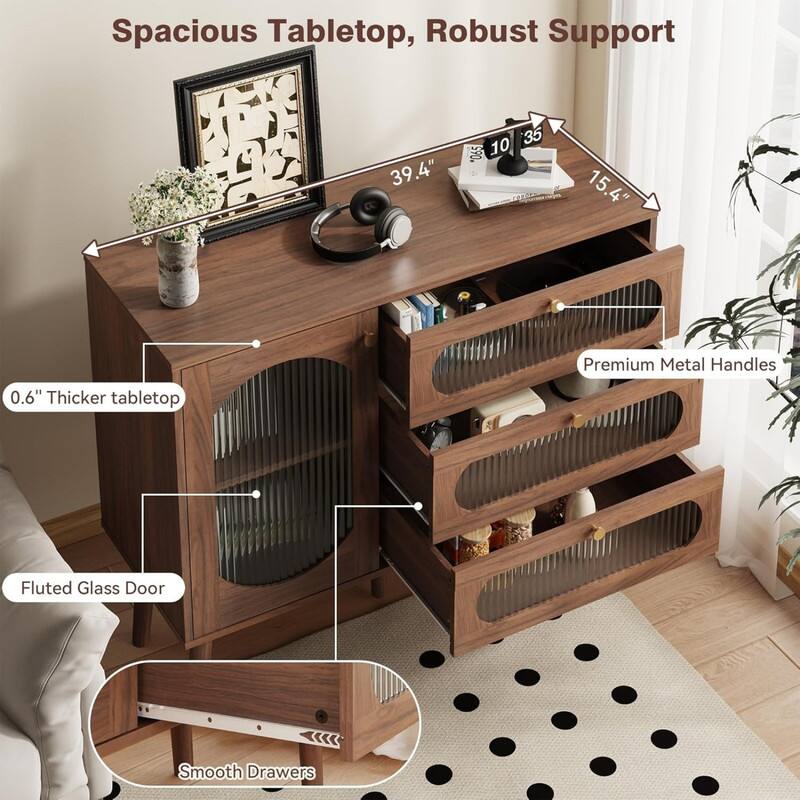 Spacious Tabletop, Robust Support

- 39.4" x 15.4"
- 0.6" Thicker tabletop
- Premium Metal Handles
- Fluted Glass Door
- Smooth Drawers