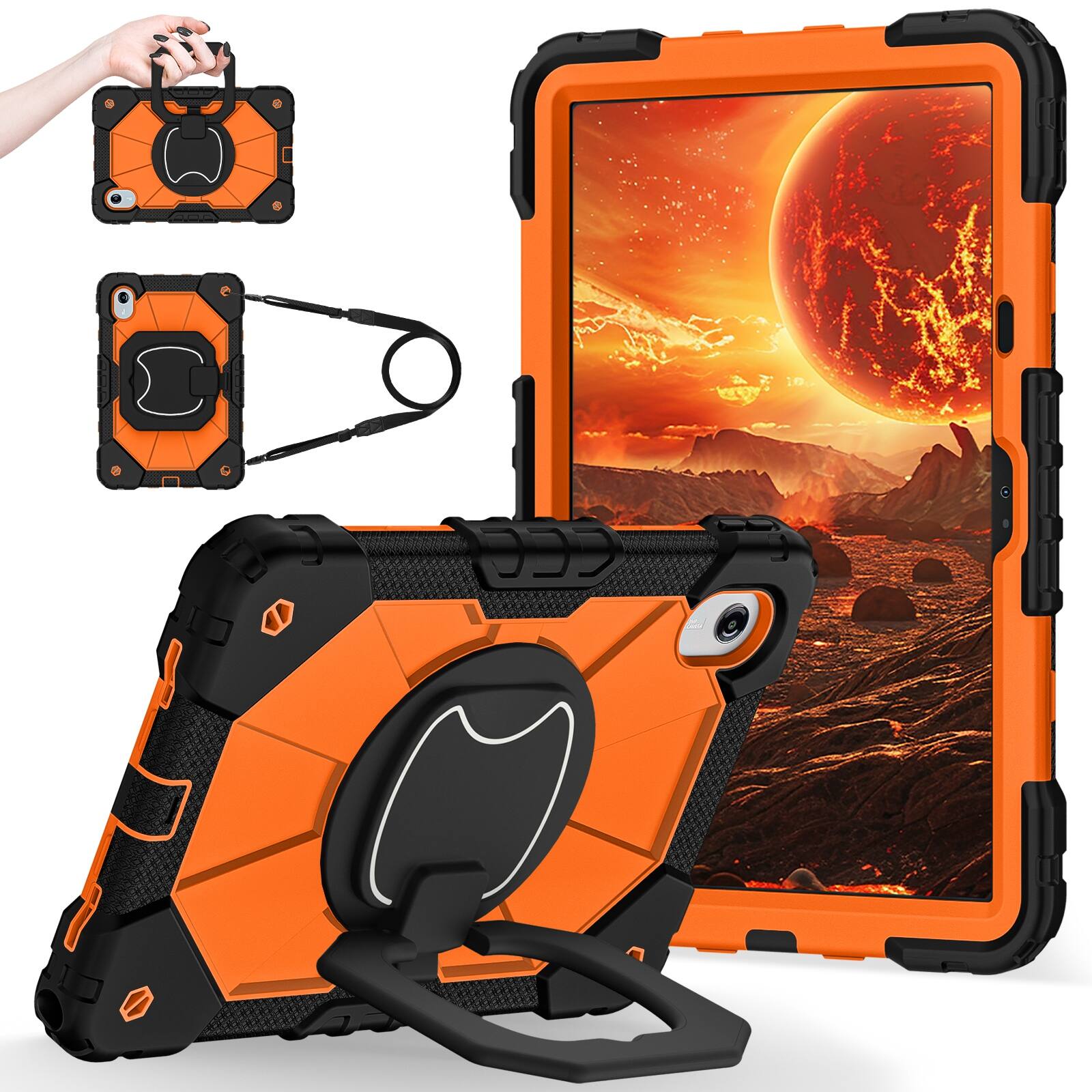 Angle. UUCOVER - Shockproof Case for Lenovo Idea Tab 11 inch (TB336) 2025 /K11 Gen 2 360° Rotating Stand Hand Grip Cover+Shoulder Strap - Black+Orange.