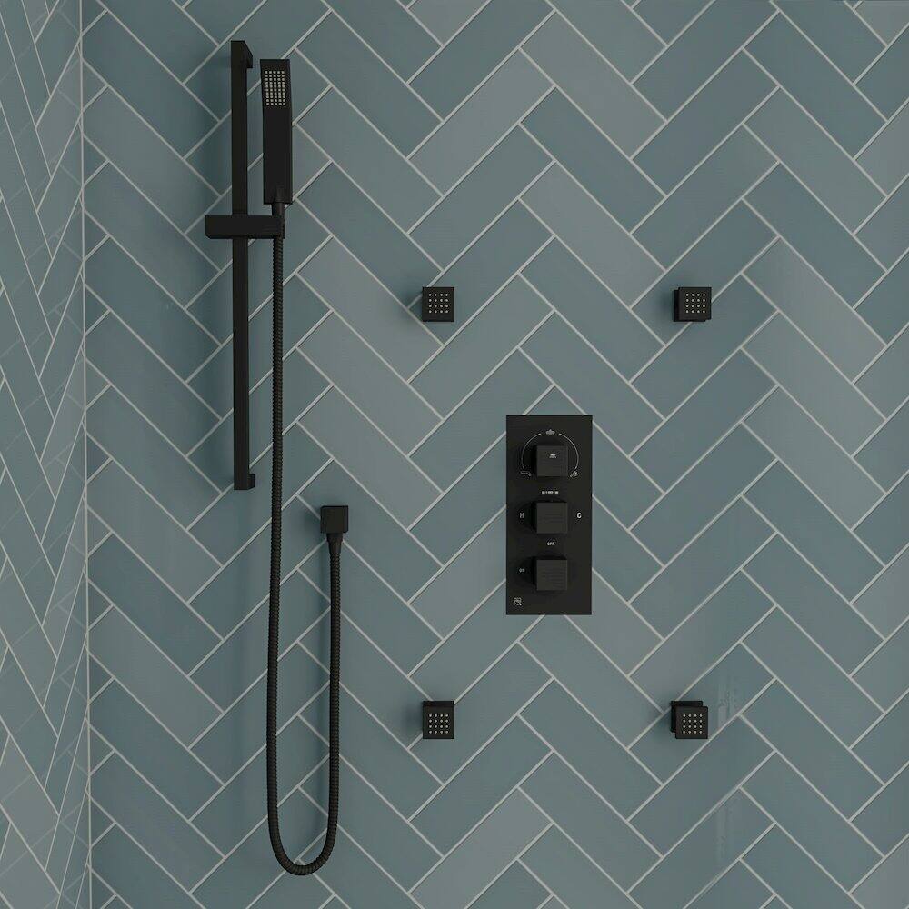 Angle. Alfi - Black Matte 3-Way Thermostatic Valve Shower Mixer Square Knobs - Black.