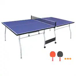 HTUTWOO - 8*4.5ft Mid-Size Table Tennis Table -Foldable & Portable Ping Pong Table Set with Net,2 Paddles and 3 Balls,Indoor Games - Blue