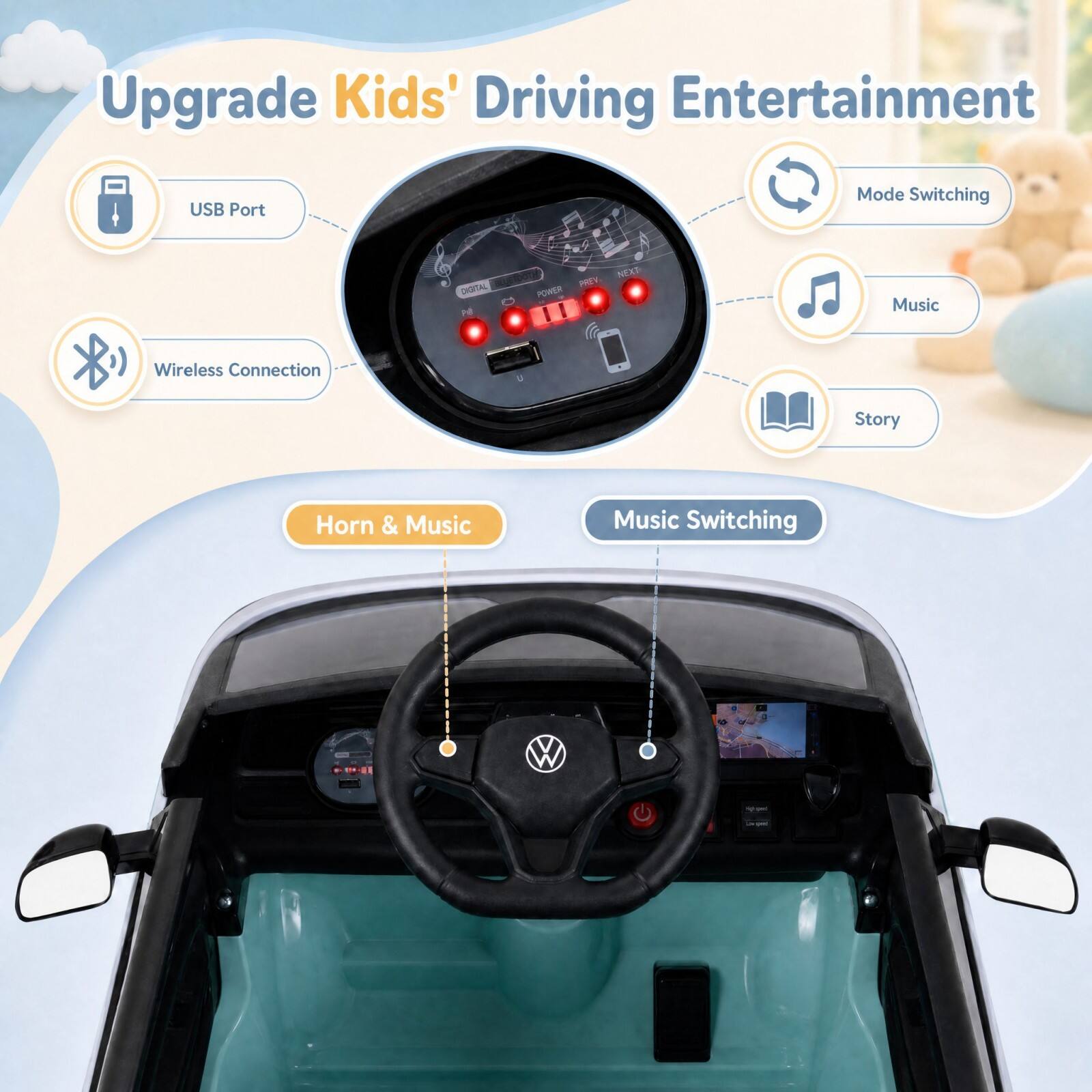 Upgrade Kids' Driving Entertainment

- USB Port
- Wireless Connection
- Mode Switching
- Music
- Story
- Horn & Music
- Music Switching