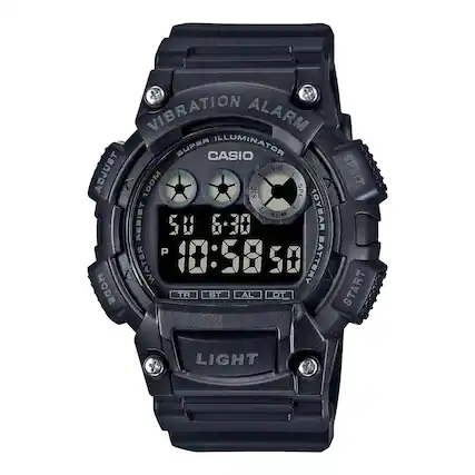 Sure, here is the corrected and grouped text from the image:
**Front of the Watch:**
- VIBRATION ALARM
- SUPER ILLUMINATOR
- CASIO
- 100M WATER RESIST
- 10 YEAR BATTERY
- LIGHT
**Buttons and Indicators:**
- ADJUST
- MODE
- TR
- ST
- AL
- DT
- START
**Top of the Watch:**
- VIBRATION ALARM
- SUPER ILLUMINATOR
- CASIO
- 100M WATER RESIST
- 10 YEAR BATTERY
**Additional Text:**
- VIB
- SPL
- ALM
- S
- 100M
- 10 YEAR
- BATTERY
- START
- LIGHT