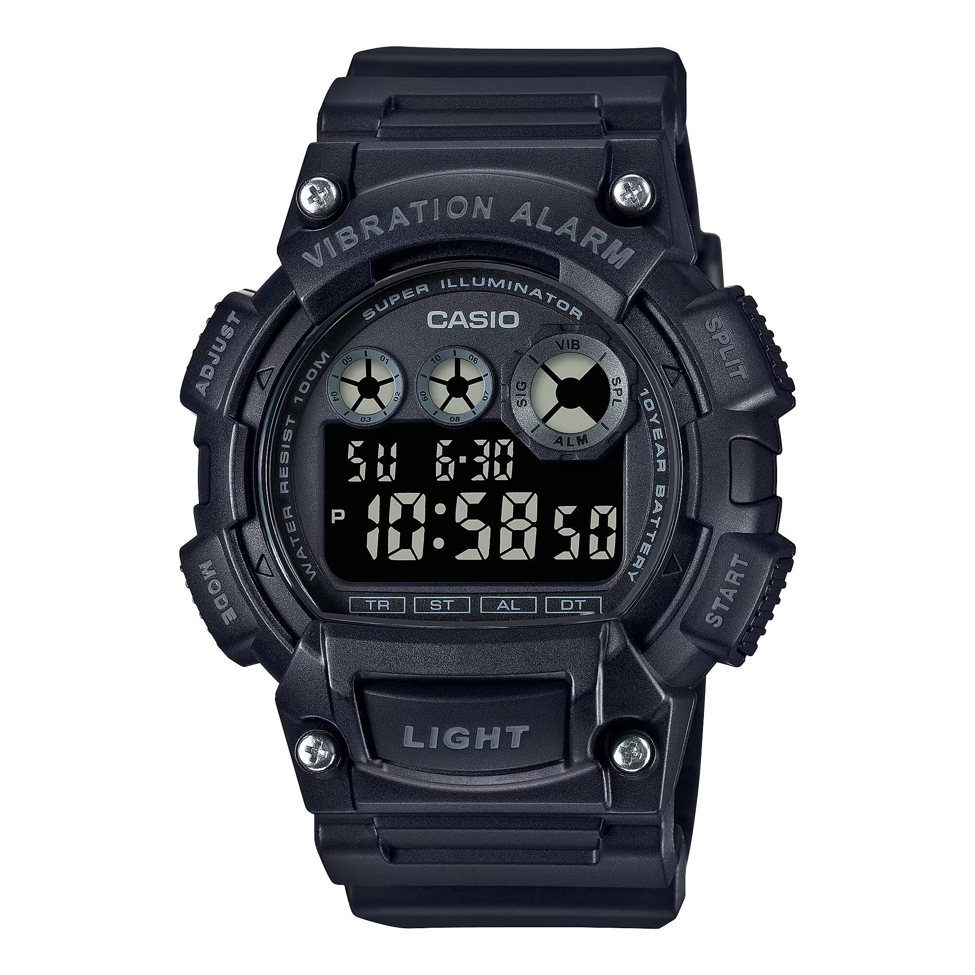 Sure, here is the corrected and grouped text from the image:

**Front of the Watch:**
- VIBRATION ALARM
- SUPER ILLUMINATOR
- CASIO
- 100M WATER RESIST
- 10 YEAR BATTERY
- LIGHT

**Buttons and Indicators:**
- ADJUST
- MODE
- TR
- ST
- AL
- DT
- START

**Top of the Watch:**
- VIBRATION ALARM
- SUPER ILLUMINATOR
- CASIO
- 100M WATER RESIST
- 10 YEAR BATTERY

**Additional Text:**
- VIB
- SPL
- ALM
- S
- 100M
- 10 YEAR
- BATTERY
- START
- LIGHT
