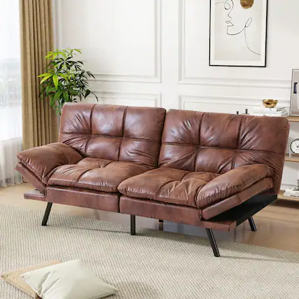 Front. Dyonery - Dyonery 71-Inch Futon Sofa Bed, Convertible Guest Bed & Loveseat | Cozy Faux Leather with Adjustable Positions - Brown.