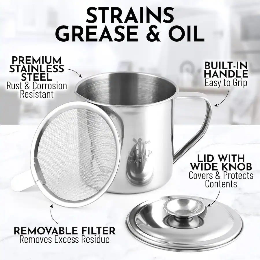 Zulay Kitchen Bacon Grease Strainer 1L Stainless Steel Cooking Oil ...
