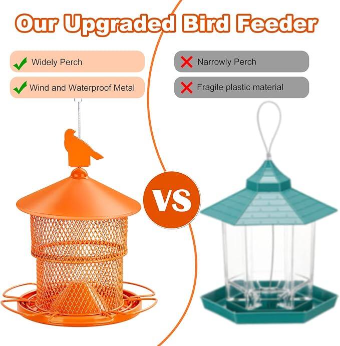 Our Upgraded Bird Feeder

- Widely Perch
- Wind and Waterproof Metal

VS

- Narrowly Perch
- Fragile plastic material