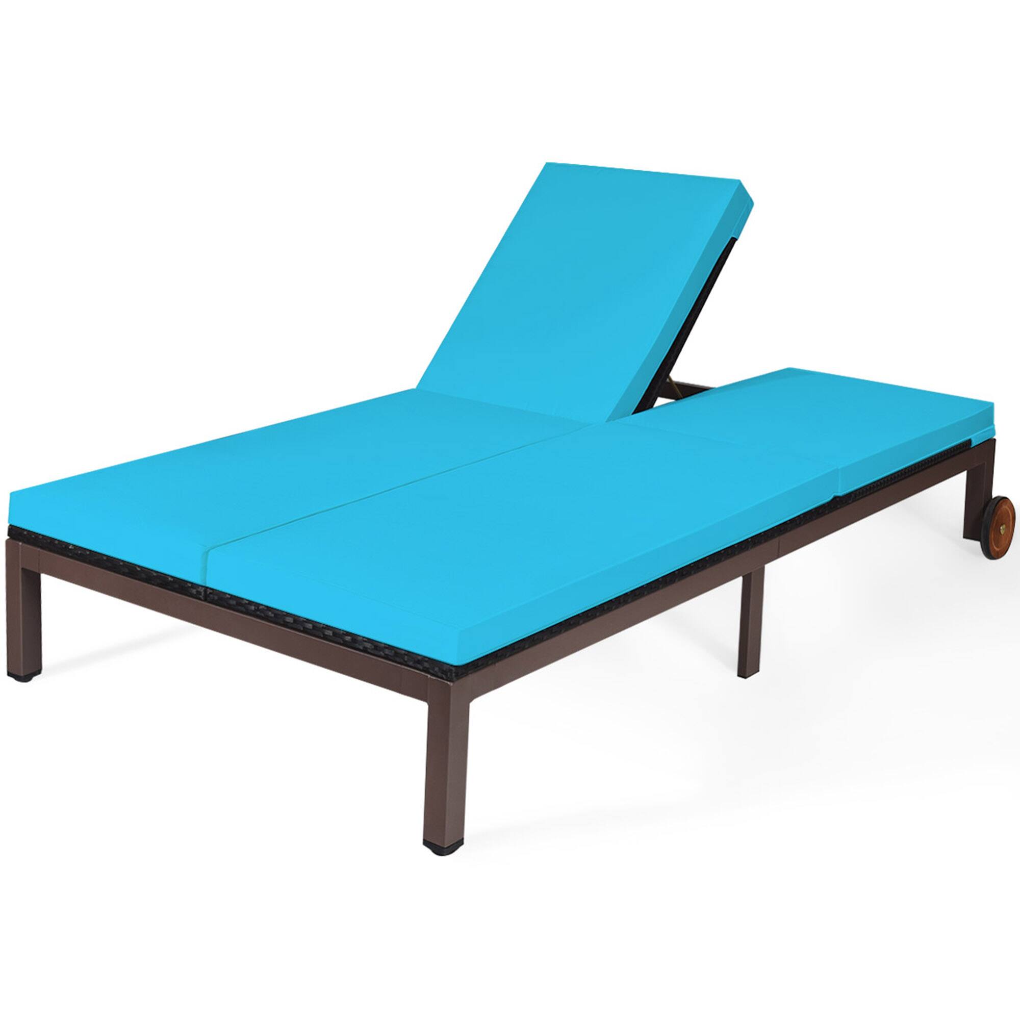 Alt View 1. Gymax - Gymax Adjustable Patio Rattan 2 Person Recliner Lounge Chair w/ Turquoise Cushion Wheel - as pic.