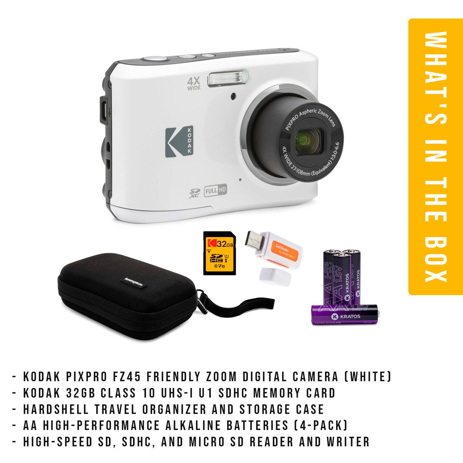Kodak Pixpro Fz45 Friendly Zoom Digital Camera (White) - Kodak 32GB Class 10 UHS-I U1 SDHC Memory Card - Hardshell Travel Organizer and Storage Case - AA High-Performance Alkaline Batteries (4-Pack) - High-Speed SD, SDHC, and Micro SD Reader and Writer