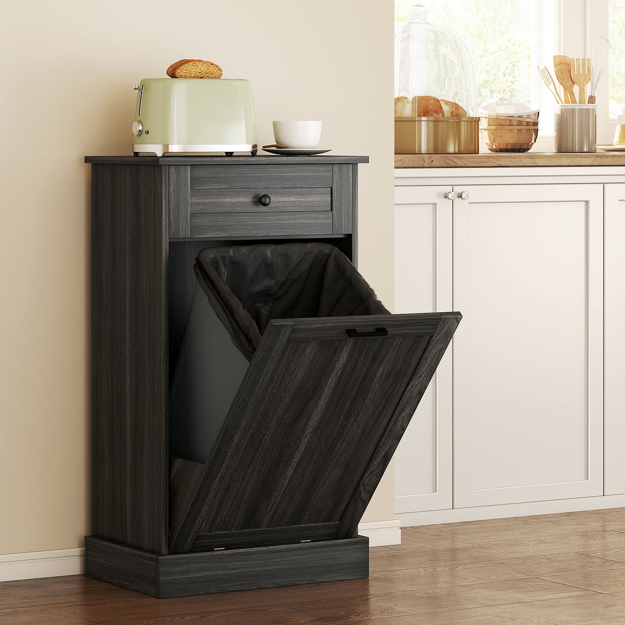 Homcom - Kitchen Tilt Out Trash Bin Cabinet Free Standing Recycling Cabinet Trash Can Holder With Drawer - Charcoal Gray
