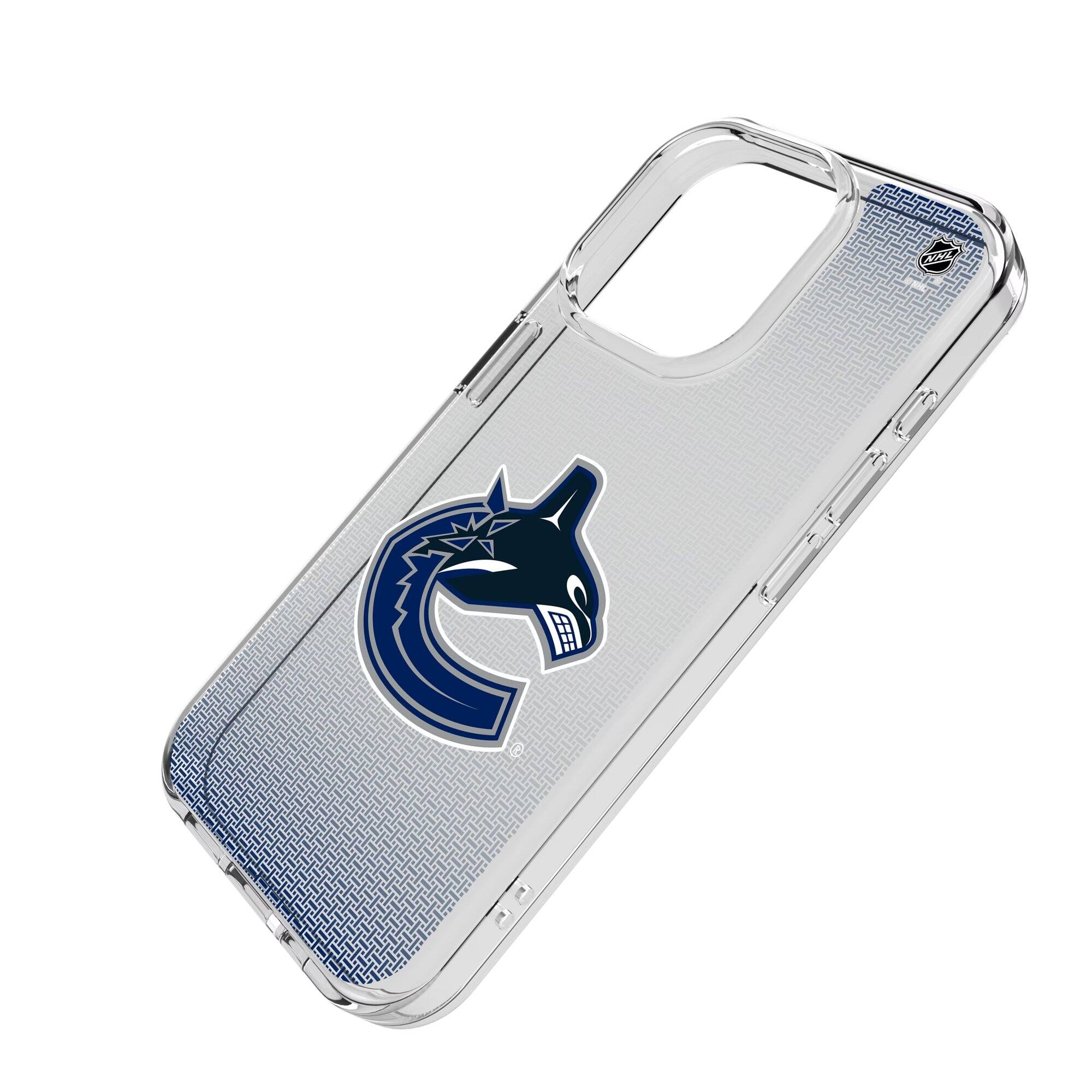 Alt View 1. Keyscaper - Vancouver Canucks Linen Logo iPhone Clear Case - 15 Plus - Multicolor.
