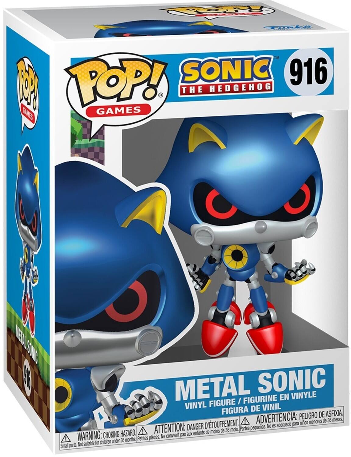 The text on the image can be grouped and corrected as follows:

**Product Information:**
- POP! Games
- Sonic The Hedgehog
- Metal Sonic
- Vinyl Figure / Figurine en Vinyle / Figura de Vinil

**Warning:**
- Choking Hazard
- Not suitable for children under 36 months
- Pequeñas piezas. No es adecuado para niños menores de 36 meses
- Petites pièces. Ne convient pas aux enfants de moins de 36 mois
- ATTENTION: DANGER D'ÉTOUFFEMENT

**Additional Information:**
- 916

This ensures that all the details are clear and correctly grouped.