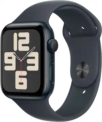 Angle. Apple - Apple Watch SE 2nd Generation (GPS) 44mm Aluminum Case with Midnight Sport Band - S/M - Midnight.