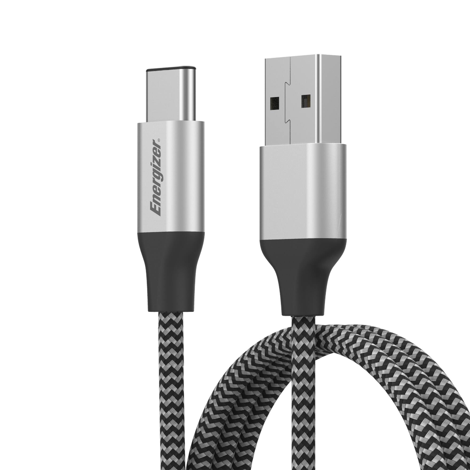 Left. Energizer - Energizer Braided USB-C Cable – 6ft Durable Cord with Rugged Aluminum Alloy Shell - Black.