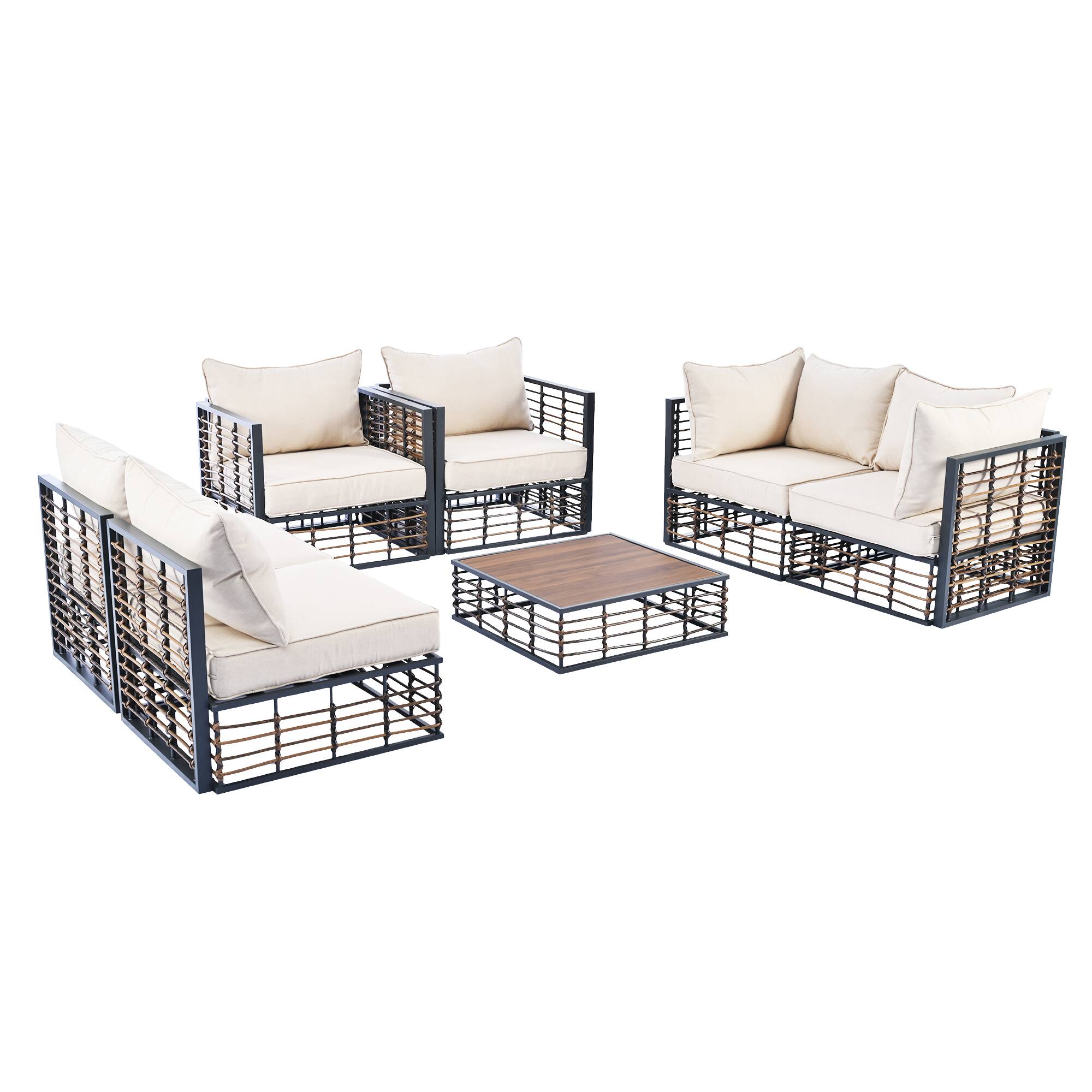 Alt View 8. Tiramisubest - Modern Minimalist 7-Piece Patio Sectional Sofa Set,Conversational Furniture Set with Thick Cushions & Coffee Table,Gray - DARK GREY.