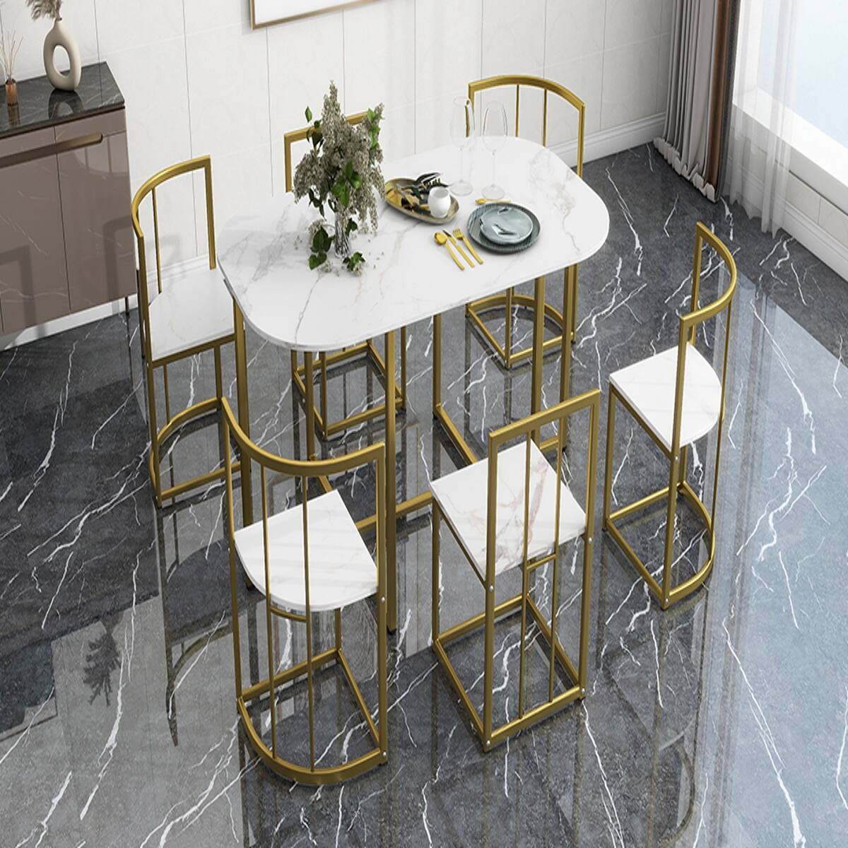 Left. Loheer - Loheer 7 Piece Dining Set for 6, 53.5 Inch Faux Marble White Table, Modern Black and Gold Chairs - Black and Faux Marble White.
