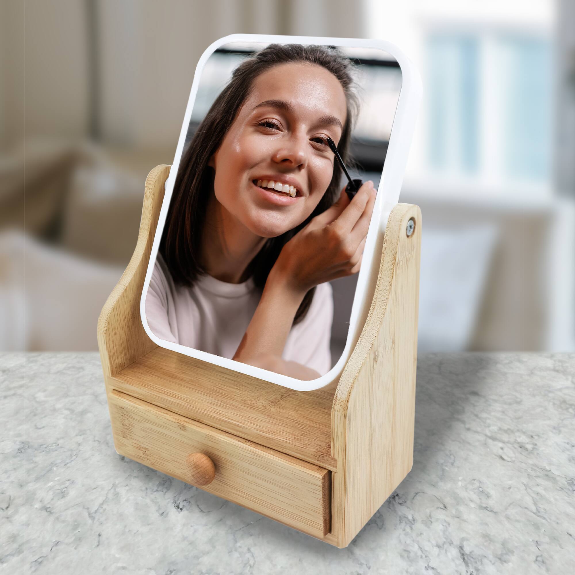 Left. Pursonic - Dual-Sided Vanity Mirror with Bamboo Drawer Base - Beige.
