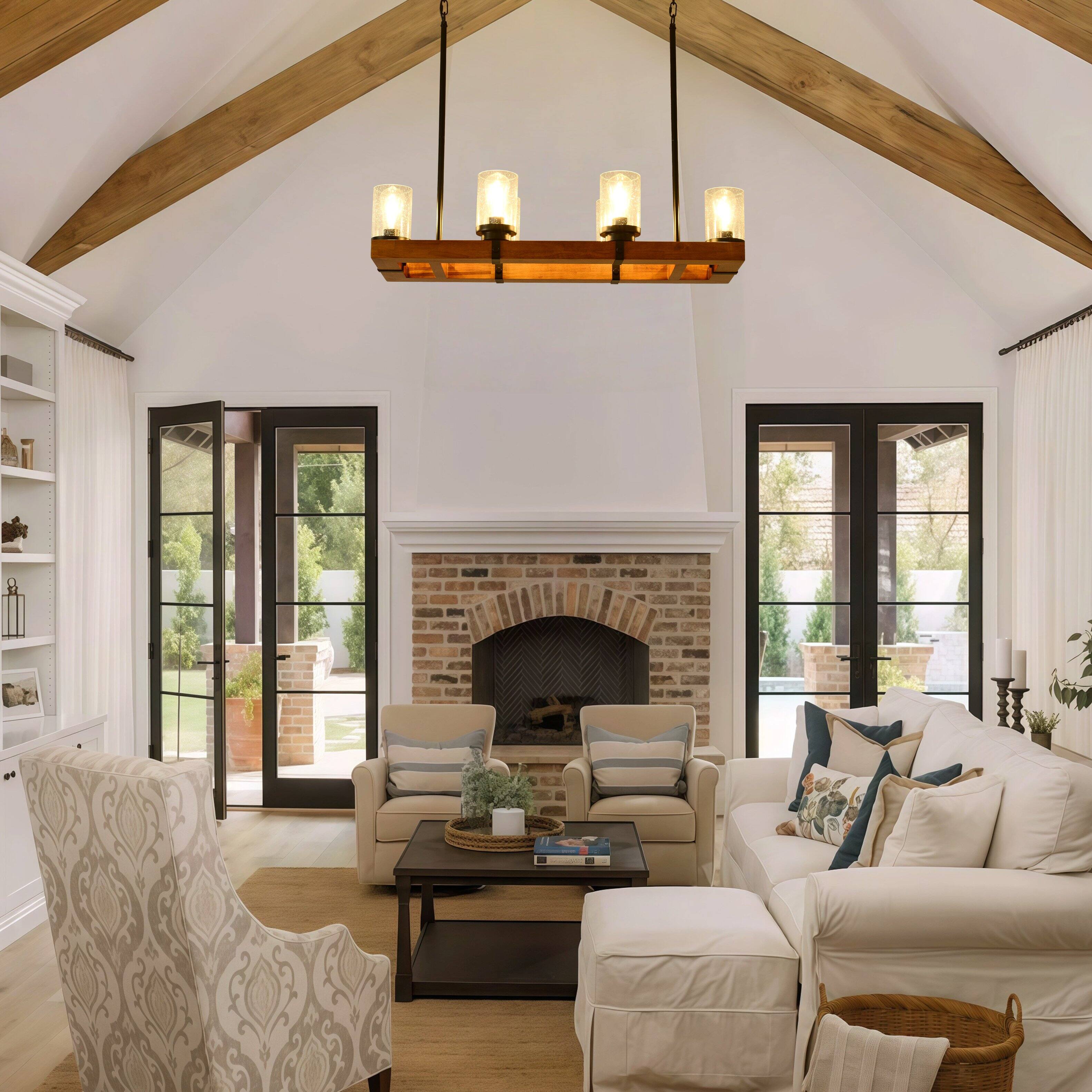Left. RYHNUYNE - 6-Light Farmhouse Wood Chandelier with Seeded Glass Shades - Rustic Rectangular Pendant Light for Dining Room Kitchen - Black.