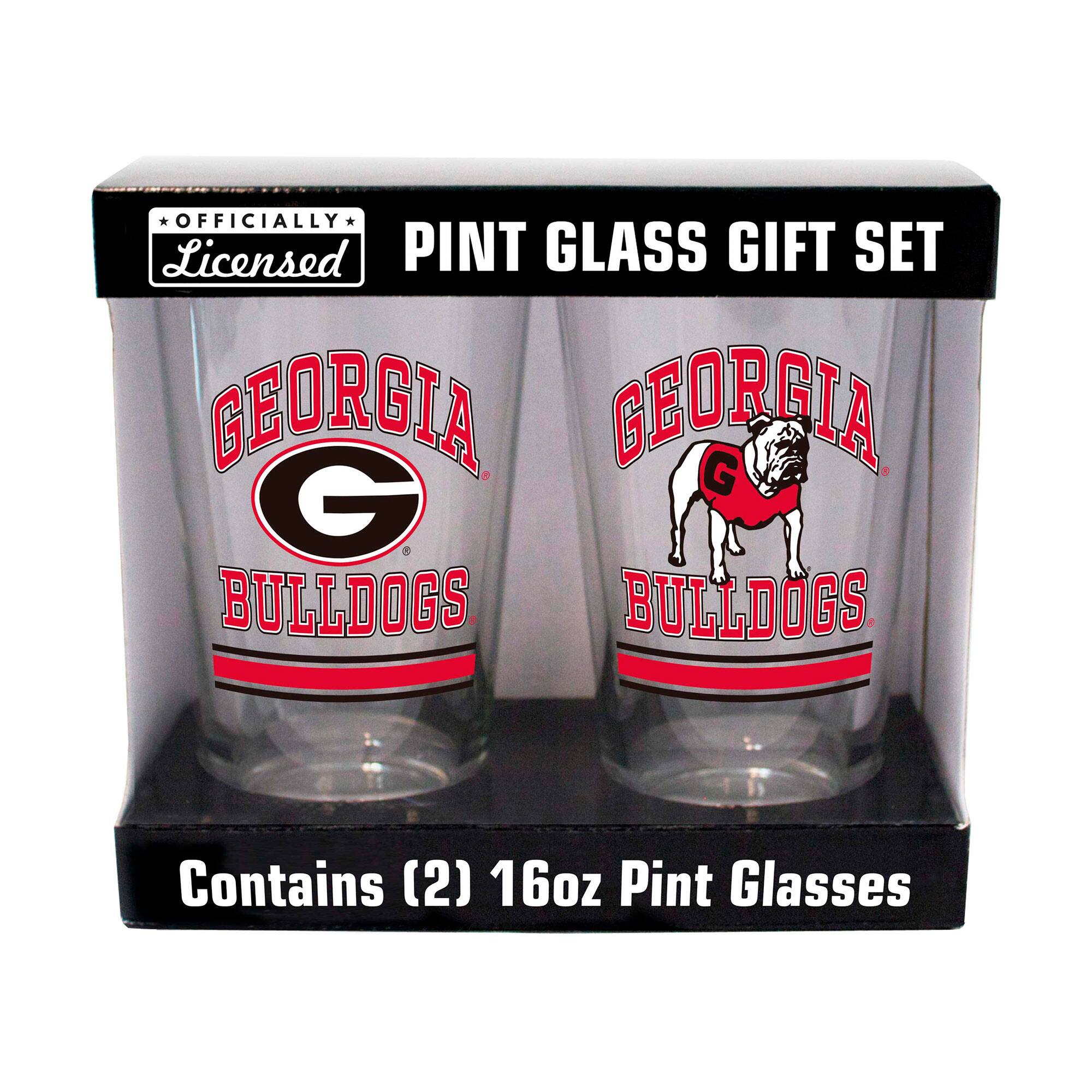 OFFICIALLY Licensed PINT GLASS GIFT SET  
GEORGIA BULLDOGS  
Contains (2) 16oz Pint Glasses