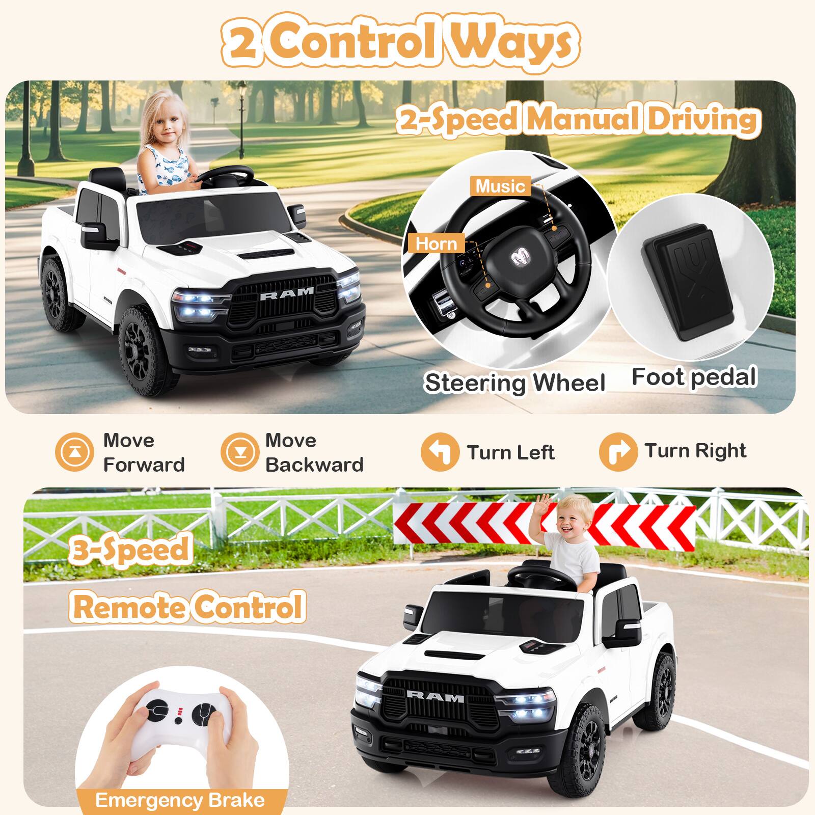 2 Control Ways

2-Speed Manual Driving
- Music
- Horn
- Steering Wheel
- Foot pedal
- Move Forward
- Move Backward
- Turn Left
- Turn Right

3-Speed Remote Control
- Emergency Brake