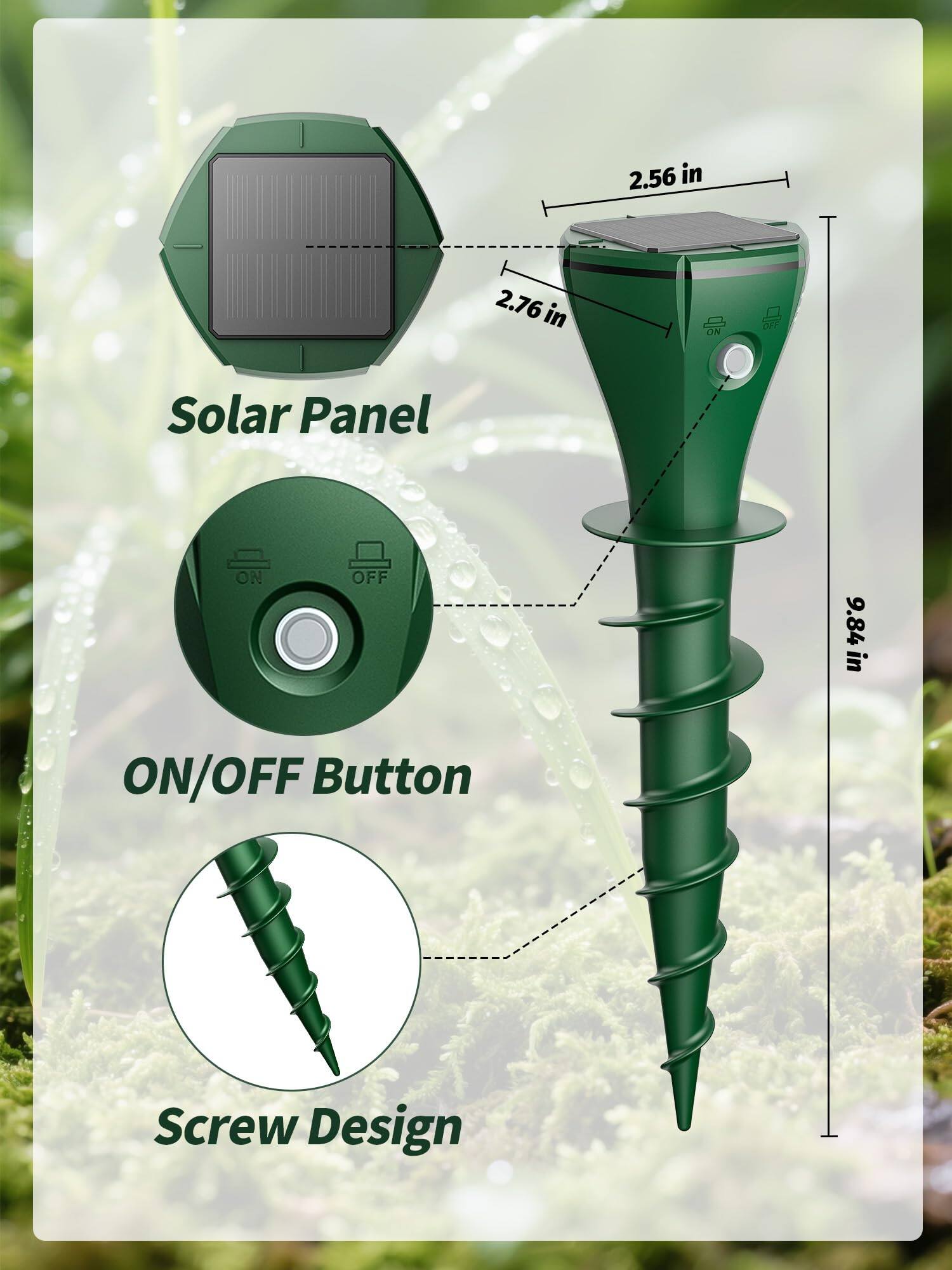 2.56 in  
2.76 in  
Solar Panel  
ON/OFF Button  
9.84 in  
Screw Design