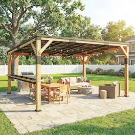 Outsunny - x 14' Wooden Gazebo, Hardtop Lean-to Gazebo Pergola with Galvanized Steel Sloped Roof, Bar Shelf