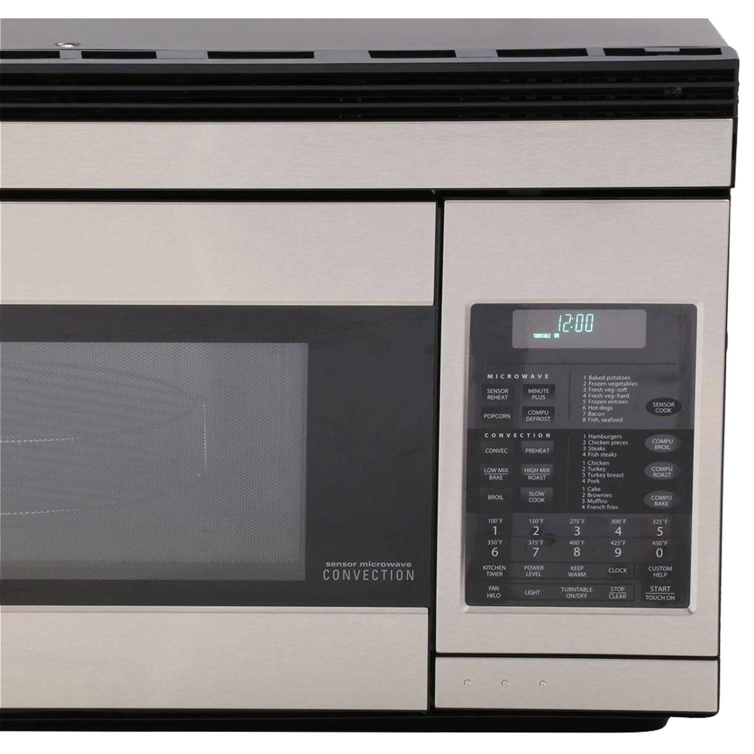 The microwave oven is a Convection Microwave Oven with a sensor and a timer. It has a clock on the front, which shows the time of 12:00. The oven has various settings for different types of food, such as popcorn, defrosting, and cooking. It also has a defrost button, a power button, and a light button. The oven is made by the company Convection Plus and is designed for easy use with a touch panel.