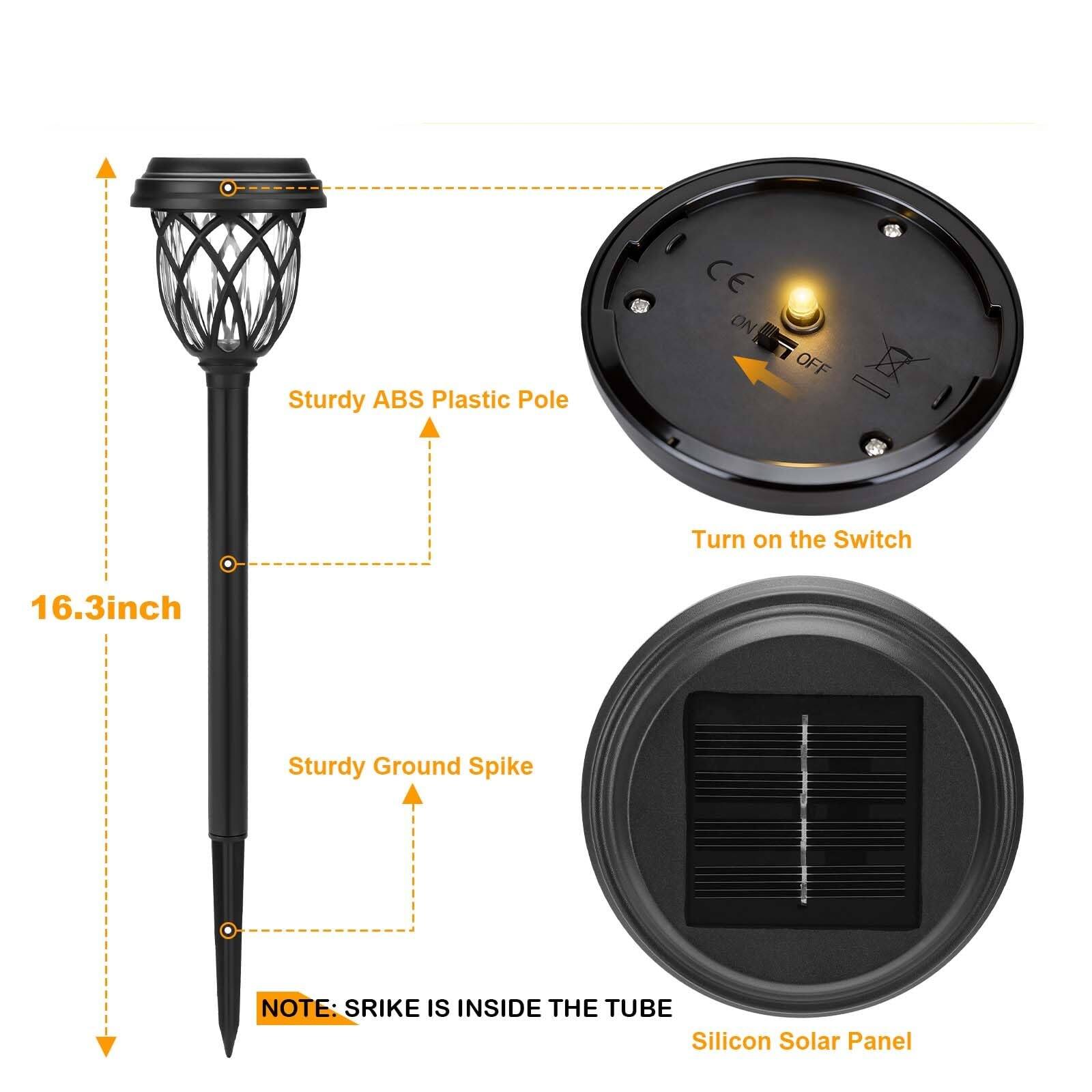 - Sturdy ABS Plastic Pole
- 16.3 inch
- Sturdy Ground Spike
- Turn on the Switch
- NOTE: SRIKE IS INSIDE THE TUBE
- Silicon Solar Panel