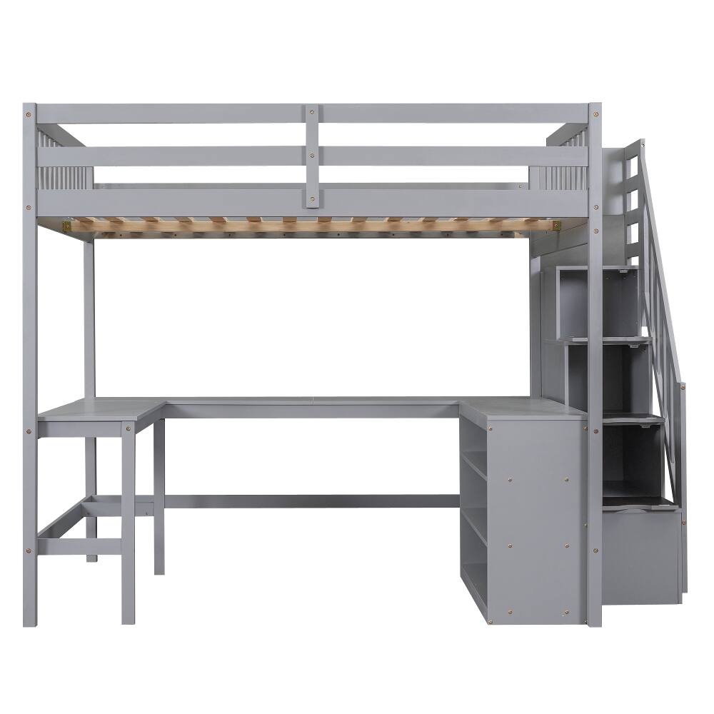 Alt View 9. Loheer - Loheer Full Size Loft Bed with Desk, Gray Loft Bed with Storage Stairs and Shelves, Pine Wood - Gray.