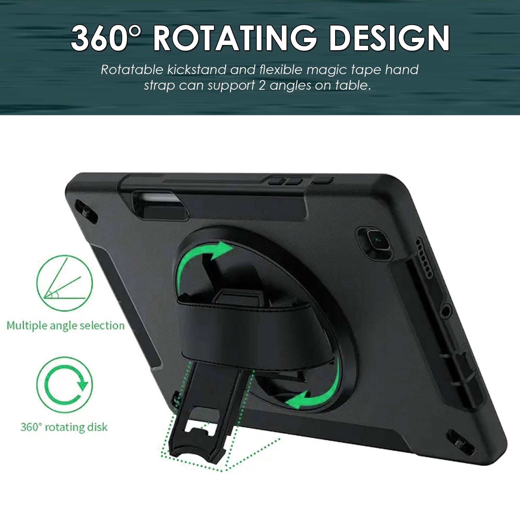 360° ROTATING DESIGN

Rotatable kickstand and flexible magic tape hand strap can support 2 angles on table.

Multiple angle selection

360° rotating disk