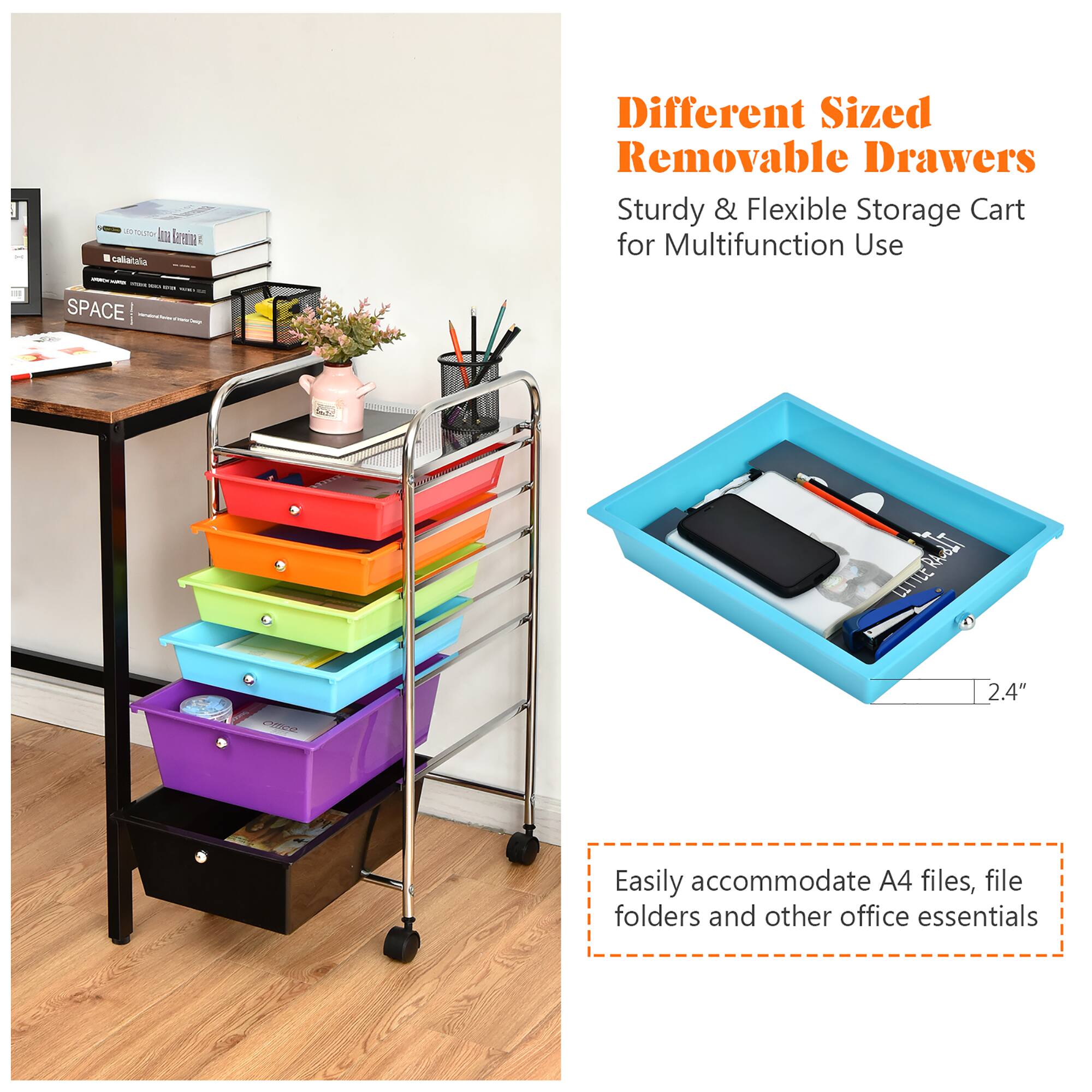 Different Sized Removable Drawers Sturdy & Flexible Storage Cart for Multifunction Use. Easily accommodate A4 files, file folders and other office essentials.