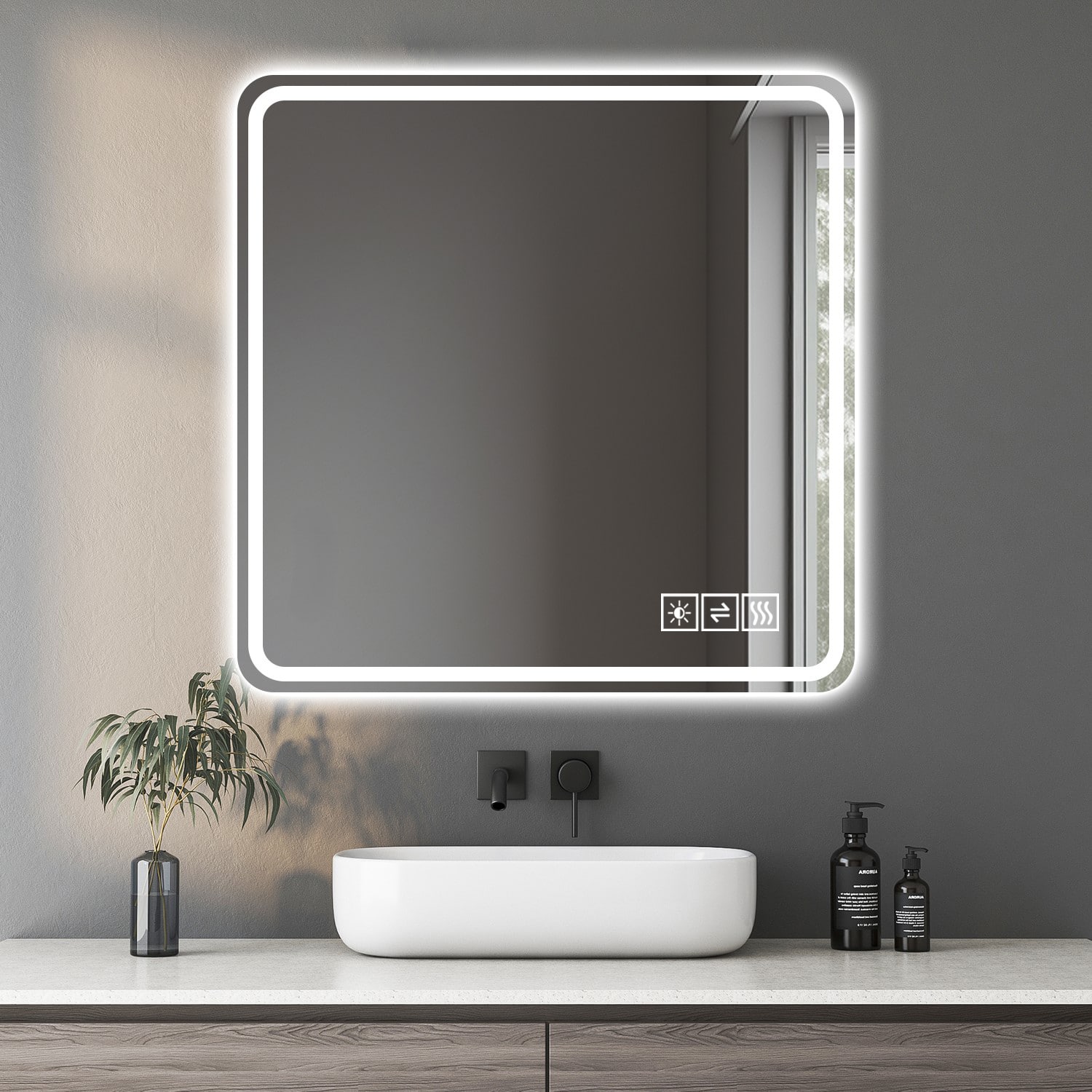 Boyel Living - 36 by 36 Inch LED Bathroom Mirror Anti Explosion Glass Tri Color Dimming with Anti Fog