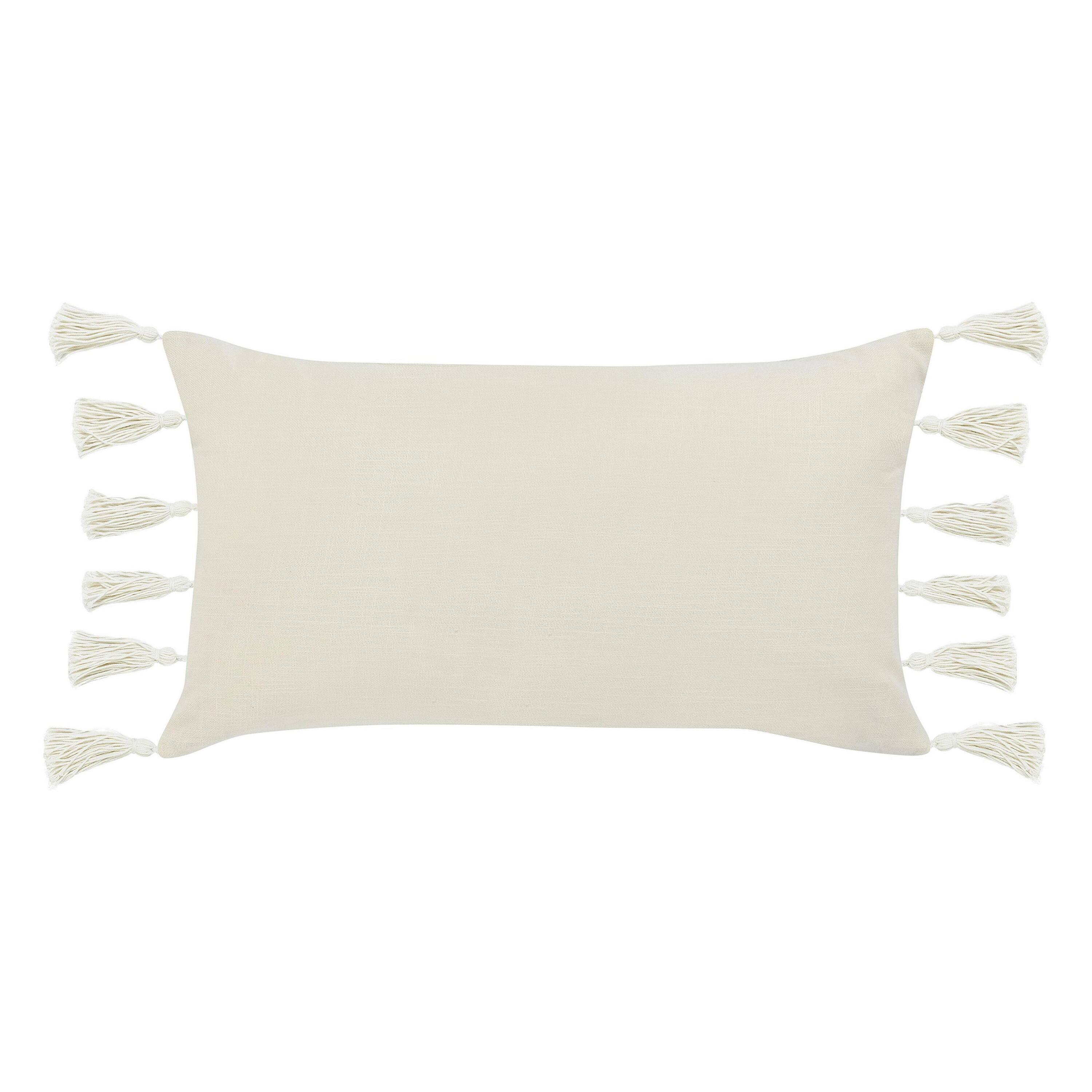 Left. Manhattan Lane - Pini Lumbar Throw Pillow, Boho Striped Design, 14x26 Inch  Linen - Beige.