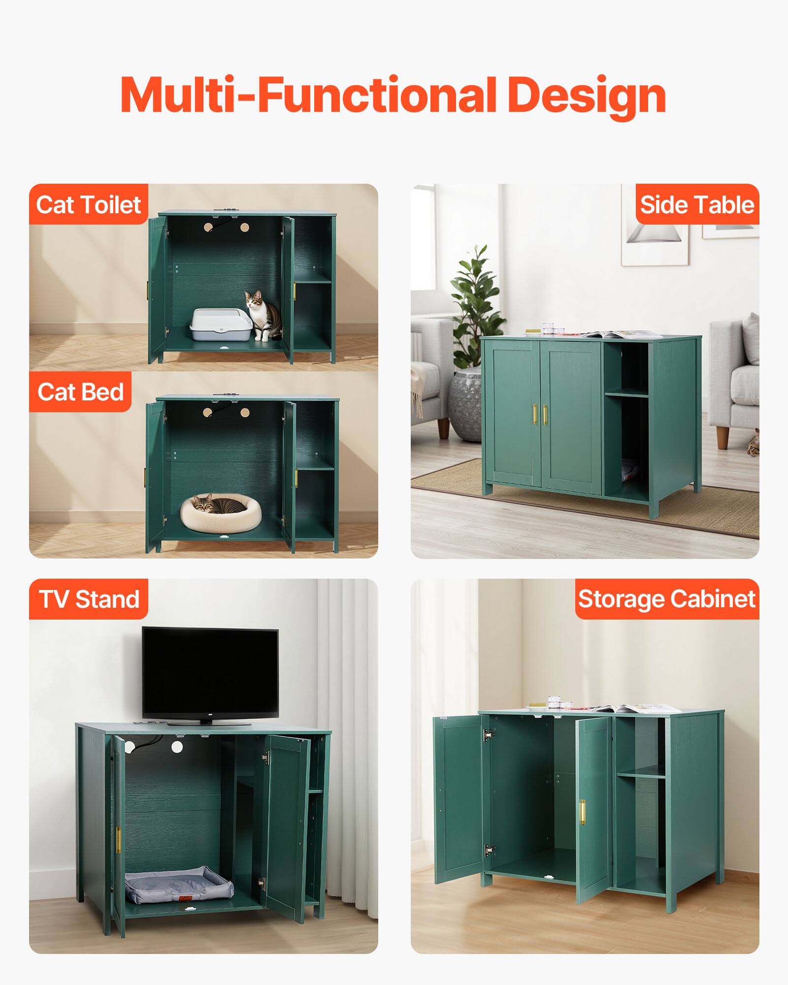 Multi-Functional Design

- Cat Toilet
- Cat Bed
- TV Stand
- Side Table
- Storage Cabinet