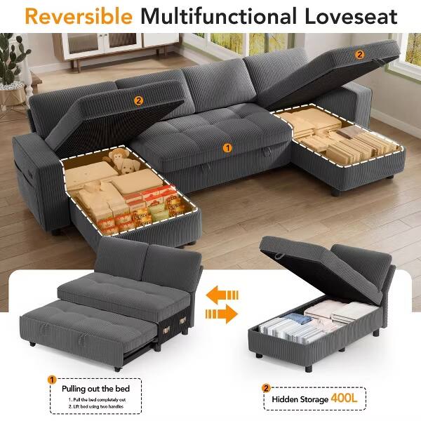 Reversible Multifunctional Loveseat

1. Pulling out the bed
   - Pull the bed completely out using the handle located on the side.

2. Hidden Storage 400L