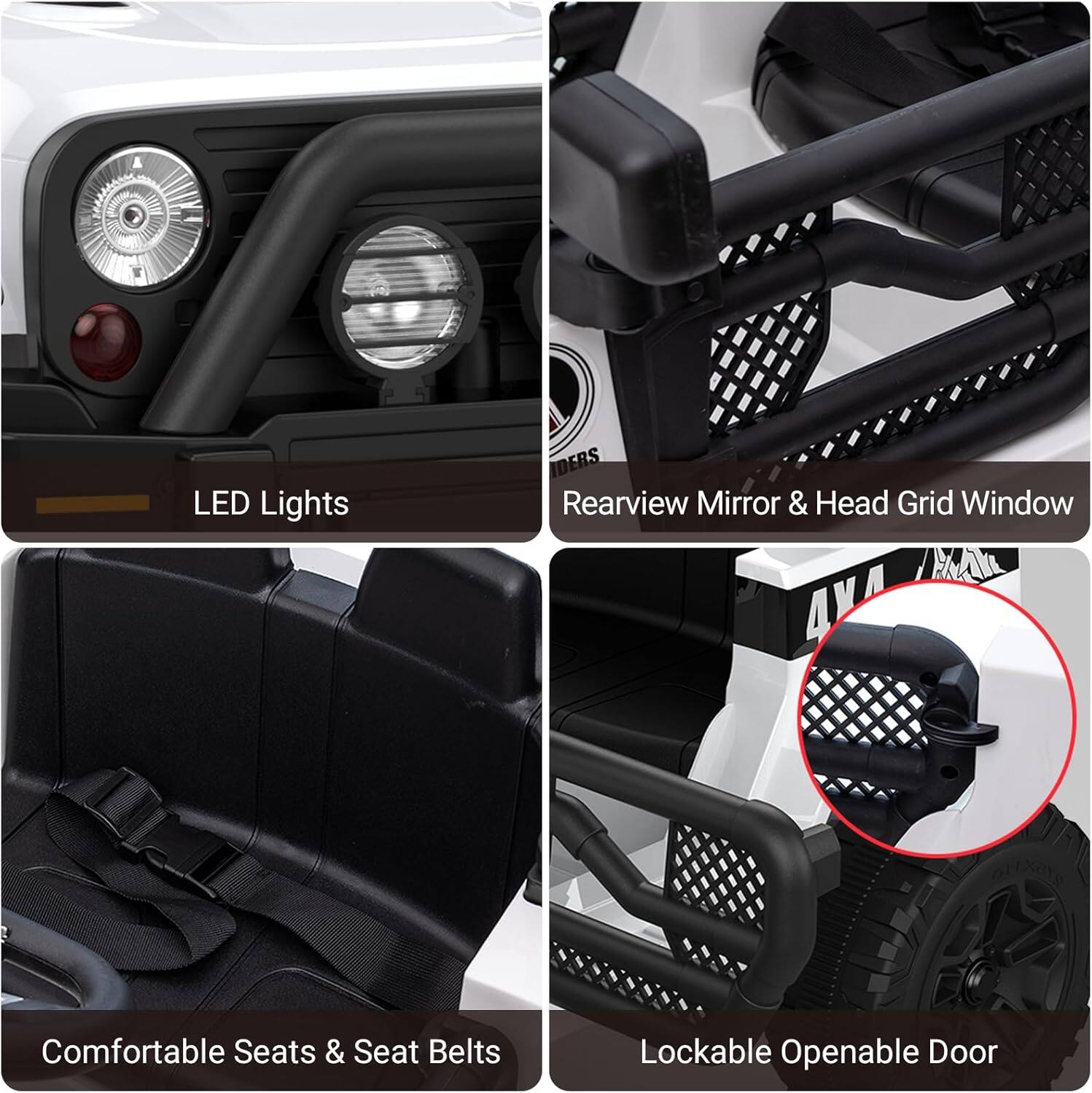 - LED Lights
- Rearview Mirror & Head Grid Window
- Comfortable Seats & Seat Belts
- Lockable Openable Door